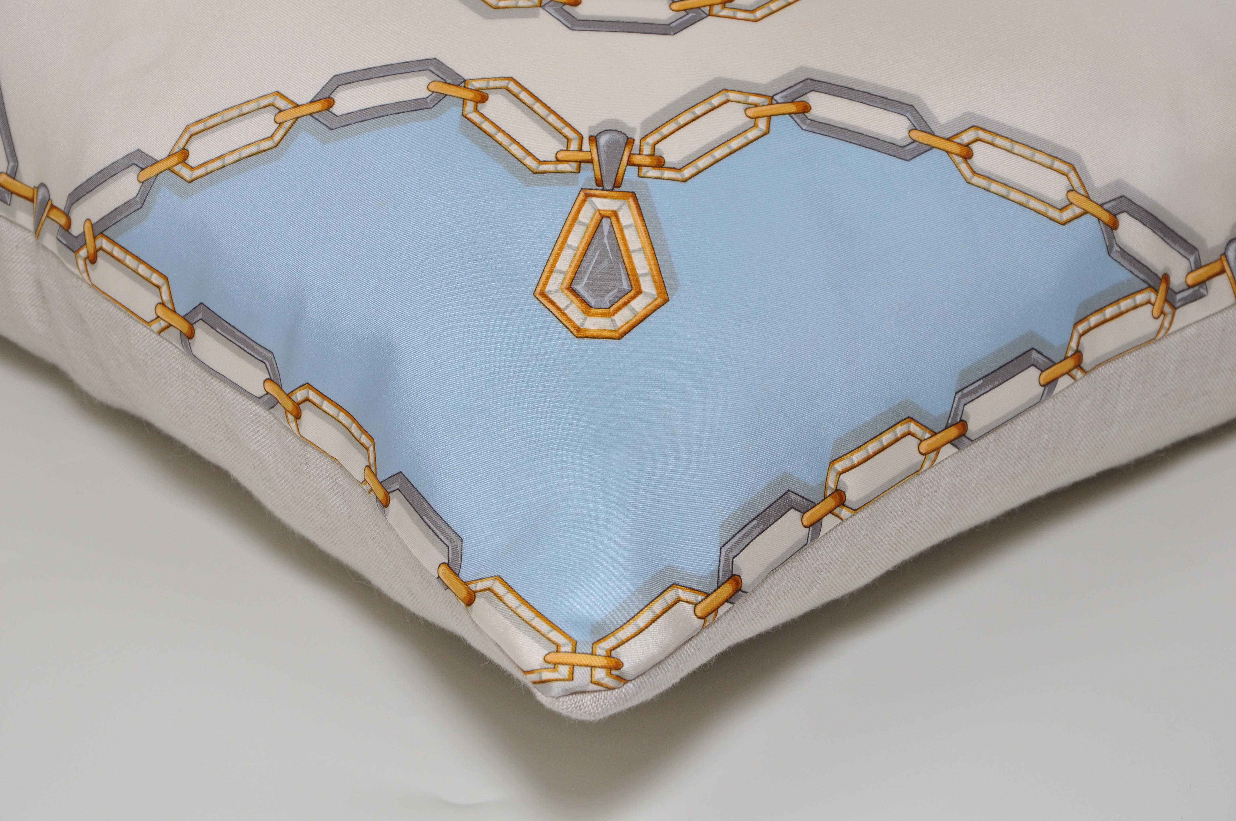 20th Century Vintage Cartier Jewelry Diamond Silk Scarf with Irish Linen Cushion Pillow Blue