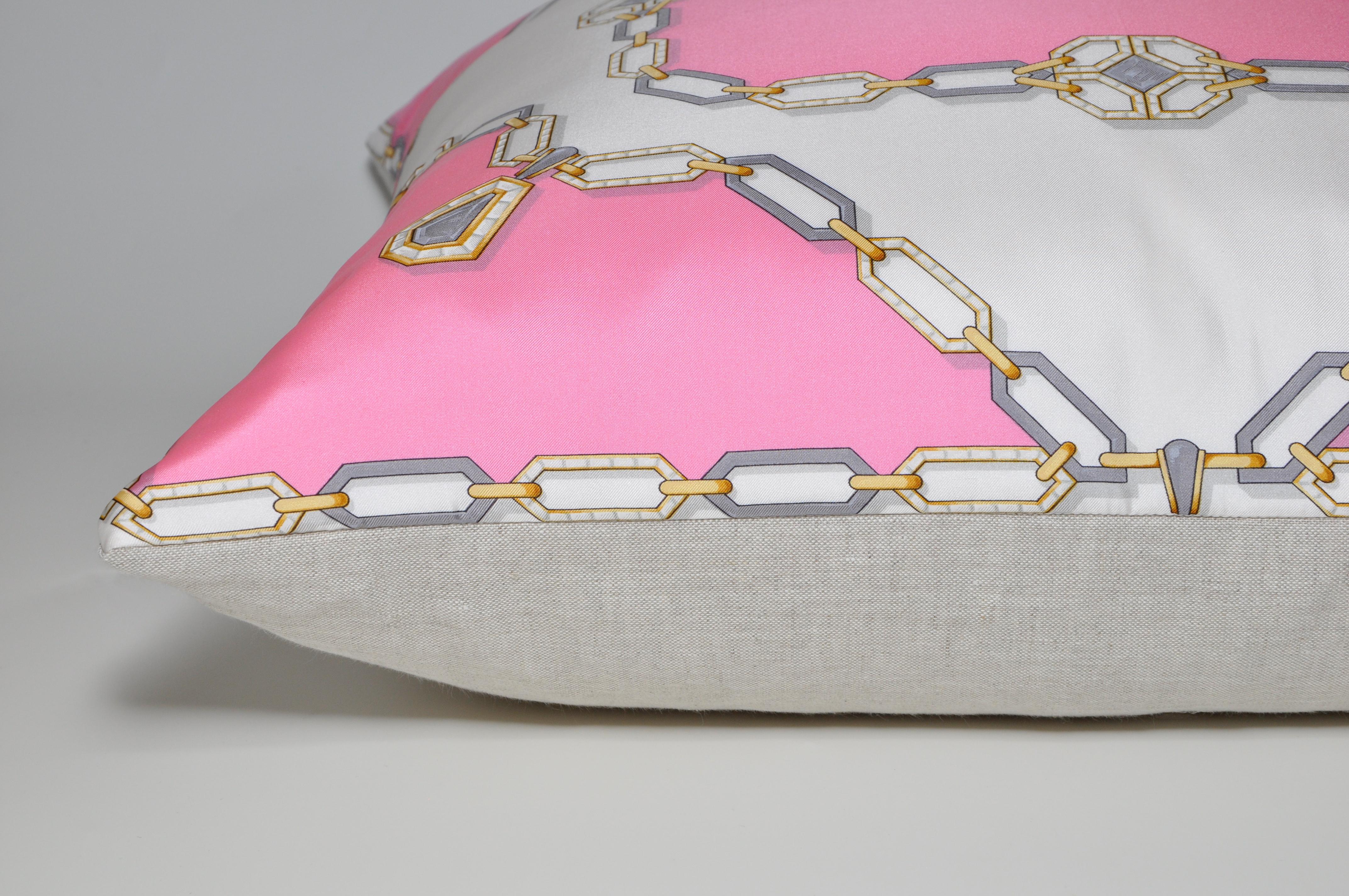 French Vintage Cartier Jewelry Pink Silk Scarf with Irish Linen Cushion Pillow