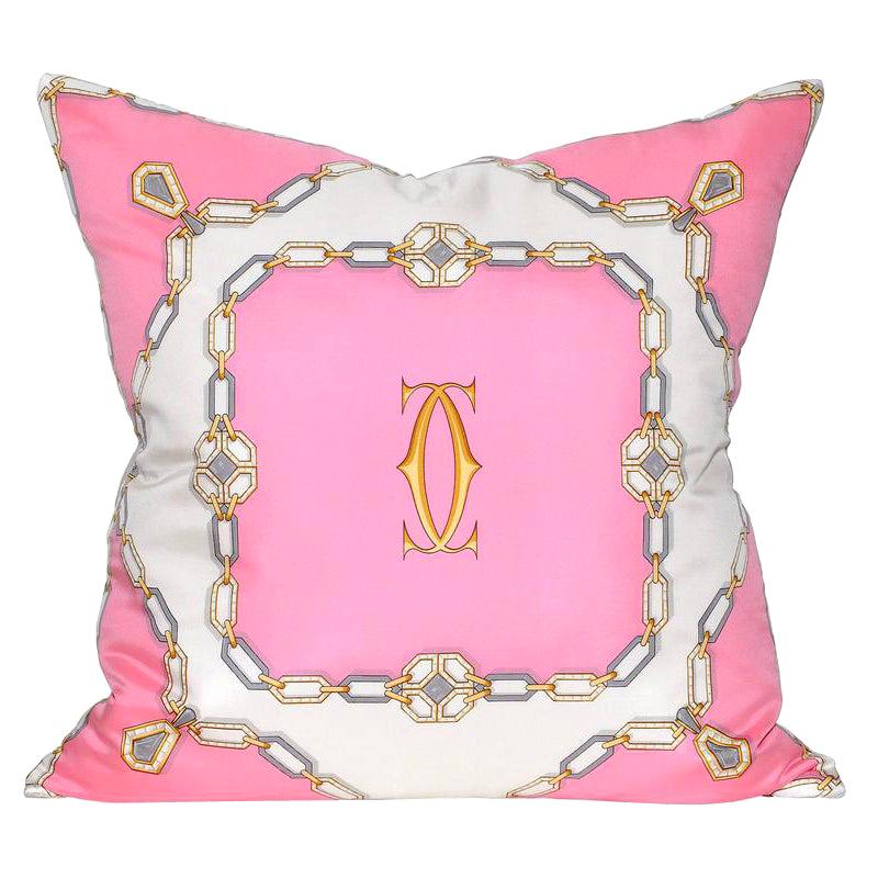 Vintage Cartier Jewelry Pink Silk Scarf with Irish Linen Cushion Pillow