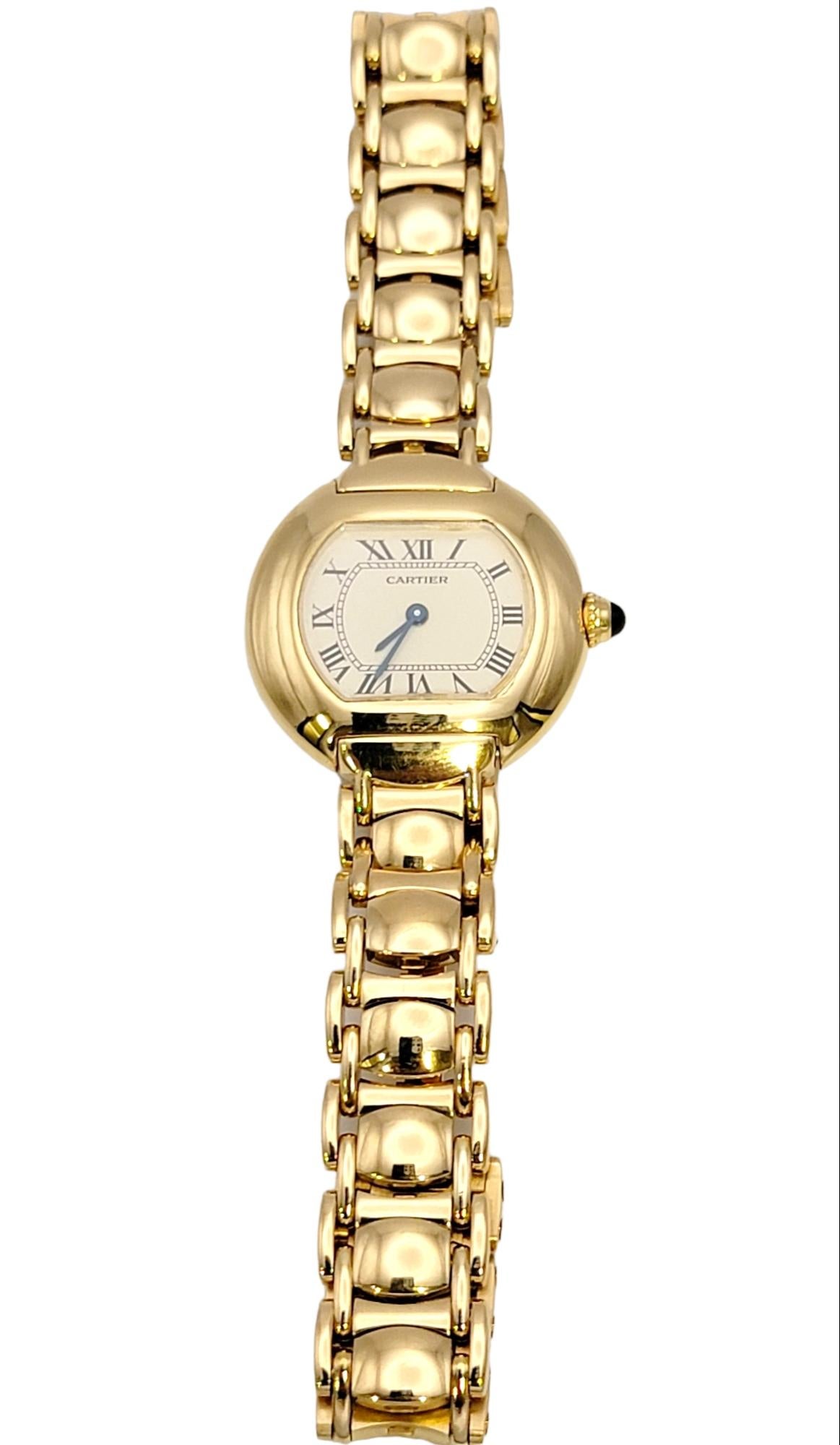 Presenting a timeless treasure that transcends eras- a vintage ladies 18 karat yellow gold Cartier Ellipse watch. This exceptional timepiece from the esteemed Cartier brand is a testament to their unrivaled craftsmanship and enduring