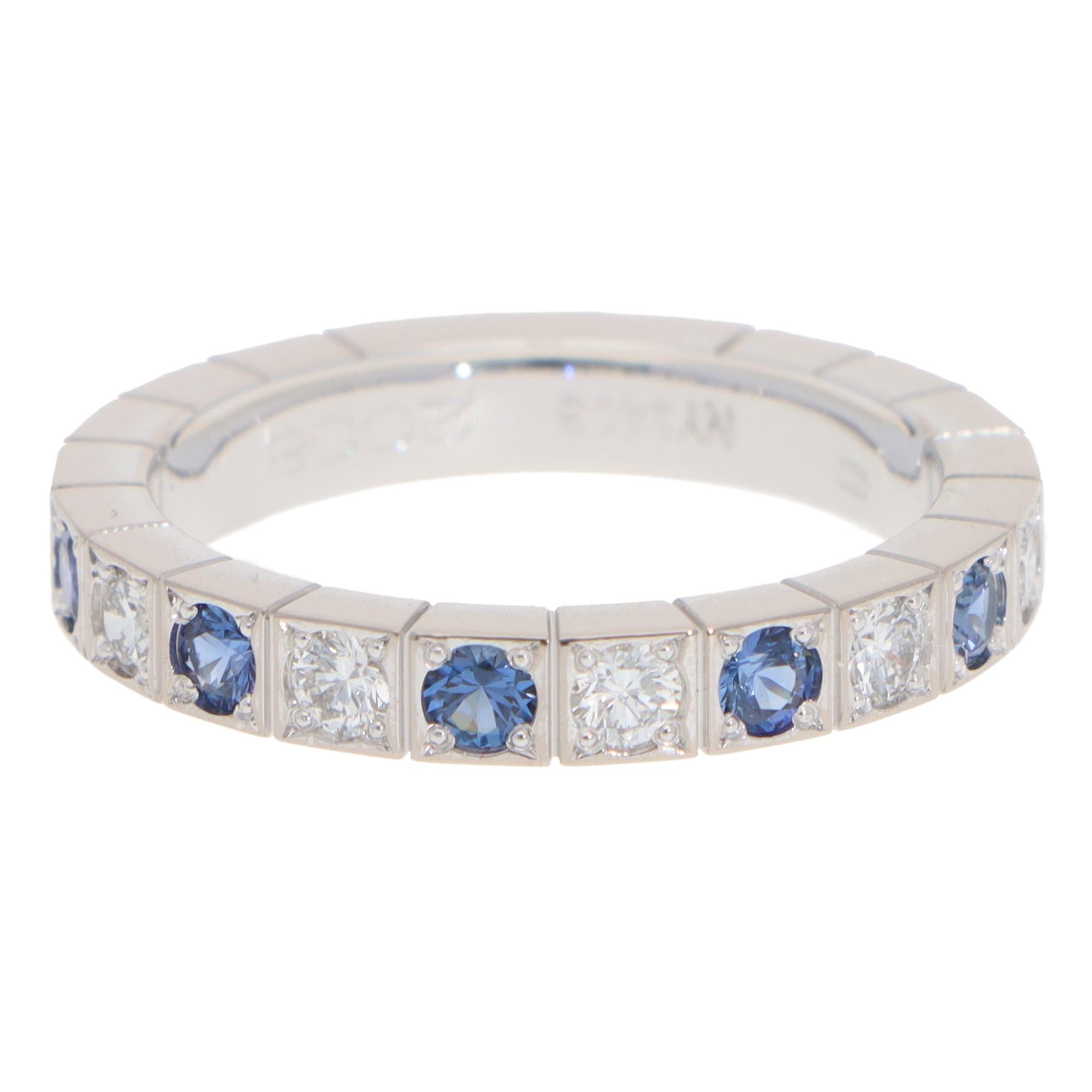 A beautiful vintage Cartier Lanières sapphire and diamond half-eternity ring set in 18k white gold.

From the discontinued Lanières collection, the ring is composed of 6 vibrant blue sapphires and 6 round brilliant-cut diamonds in a polished white