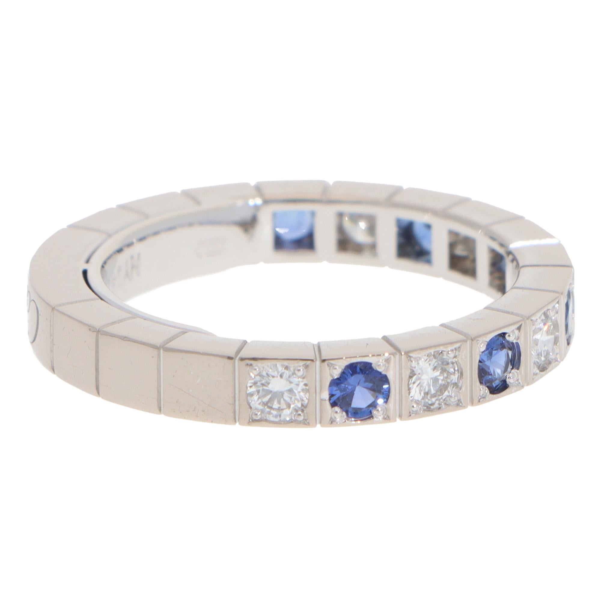 Modern Vintage Cartier Lanières Sapphire and Diamond Half Eternity Ring in White Gold For Sale