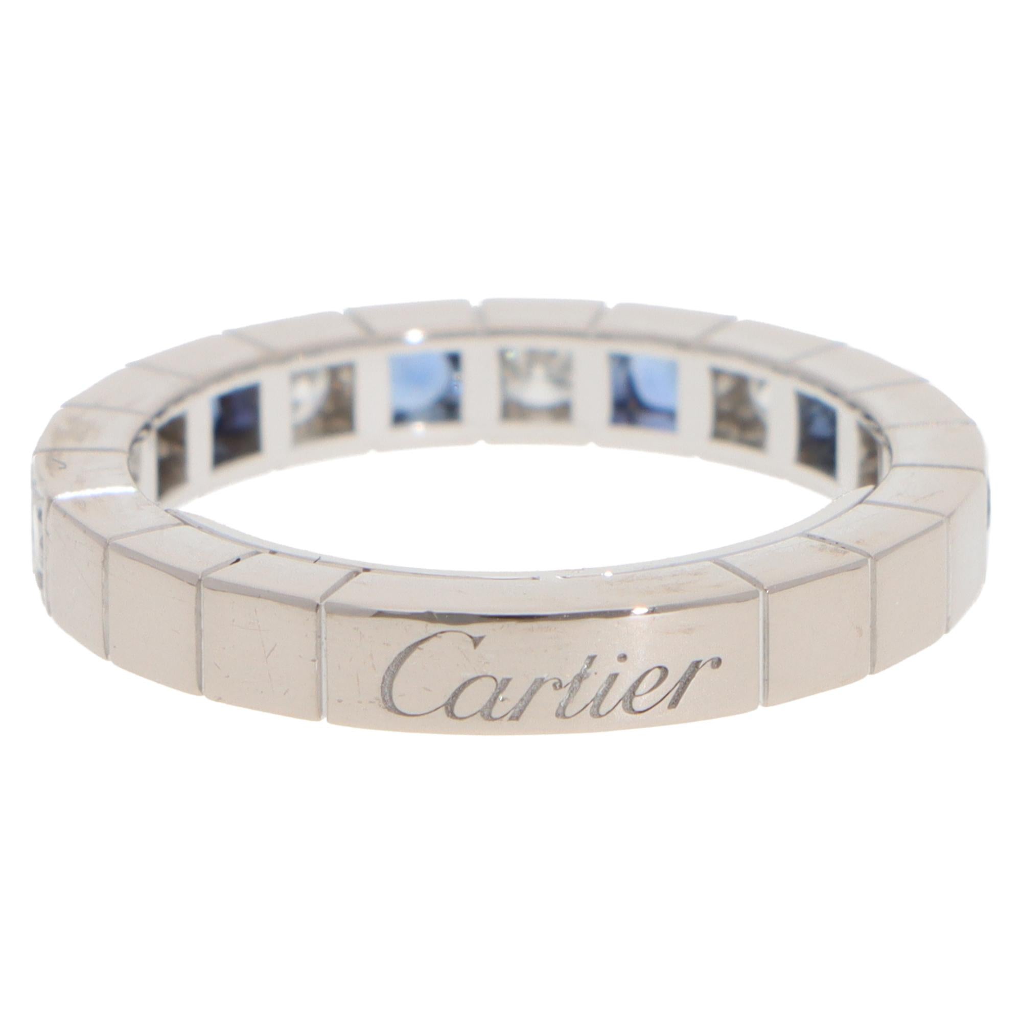 Brilliant Cut Vintage Cartier Lanières Sapphire and Diamond Half Eternity Ring in White Gold For Sale
