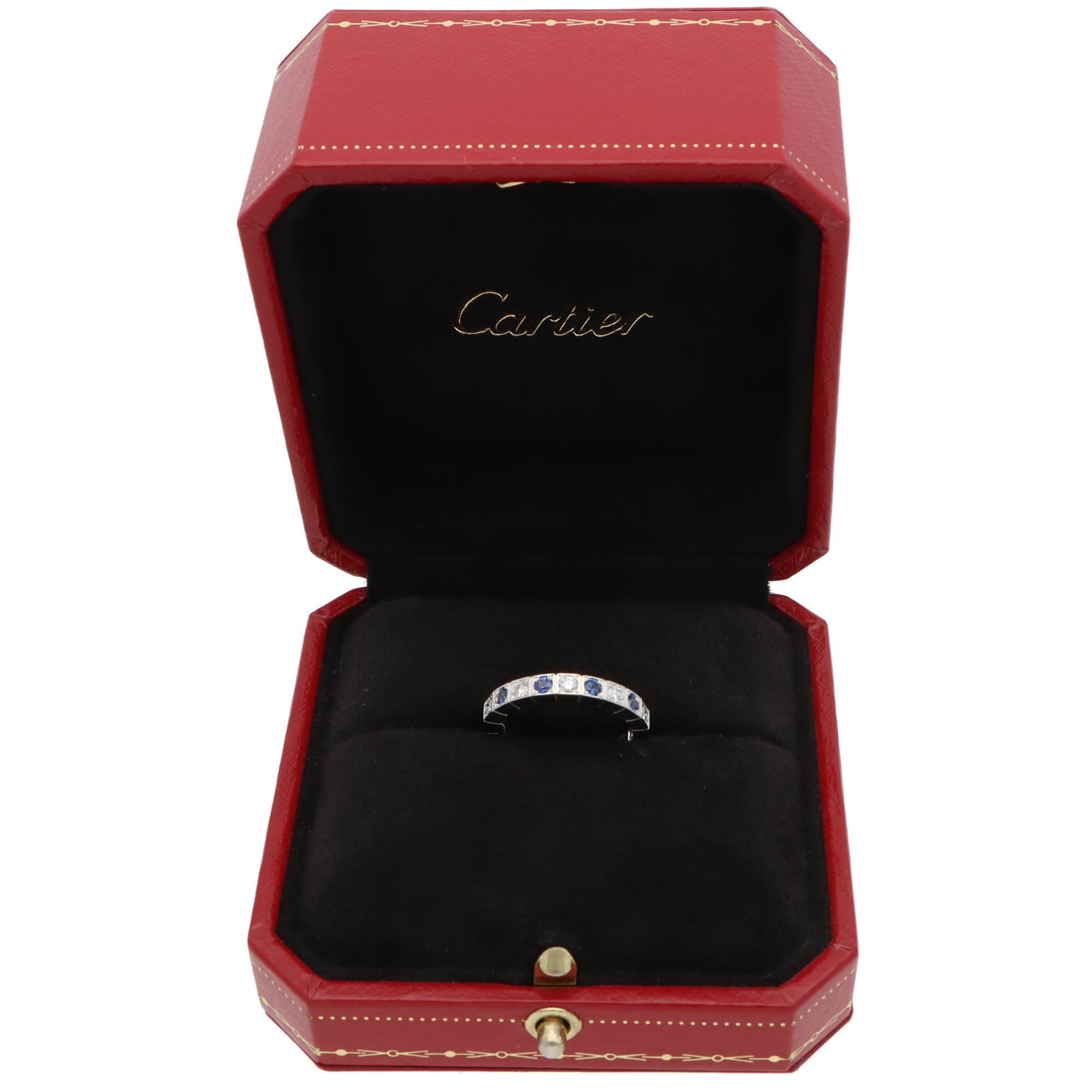 Vintage Cartier Lanières Sapphire and Diamond Half Eternity Ring in White Gold In Excellent Condition For Sale In London, GB