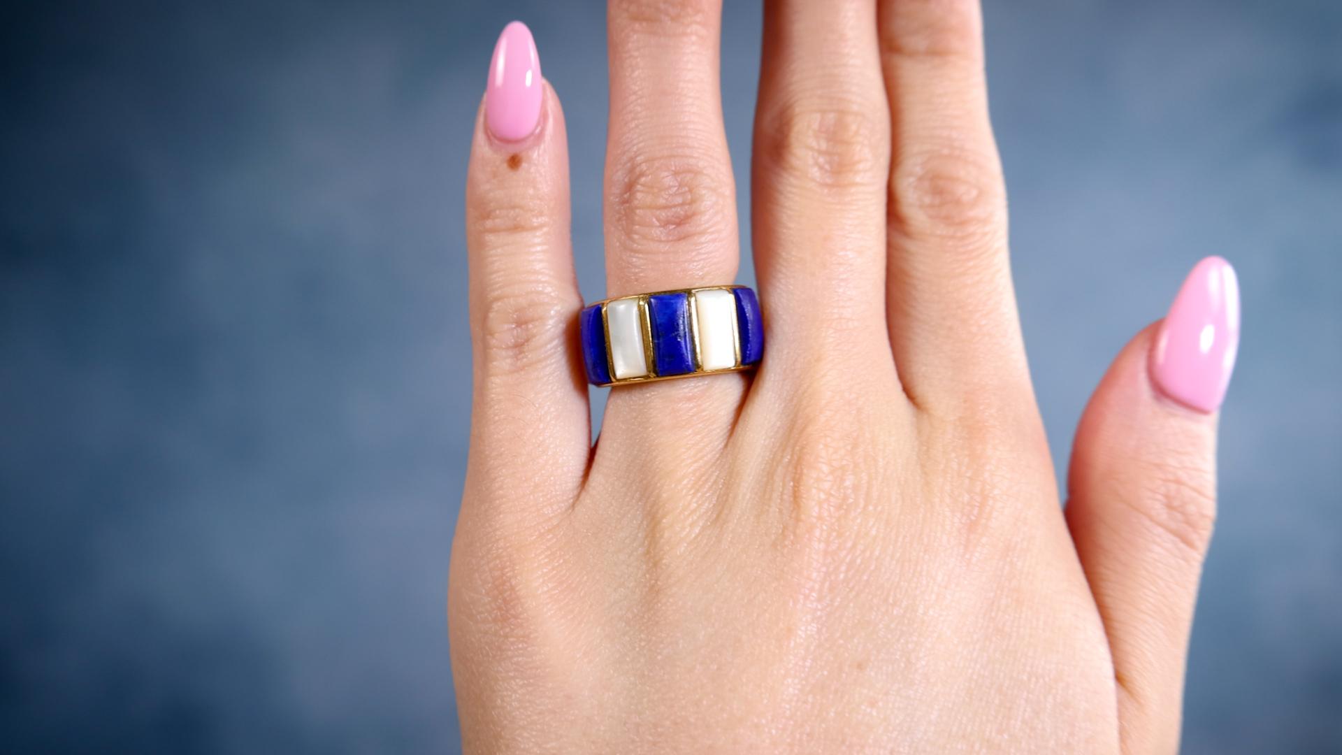 Tumbled Vintage Cartier Lapis Lazuli and Mother-of-Pearl 18k Yellow Gold Band Ring
