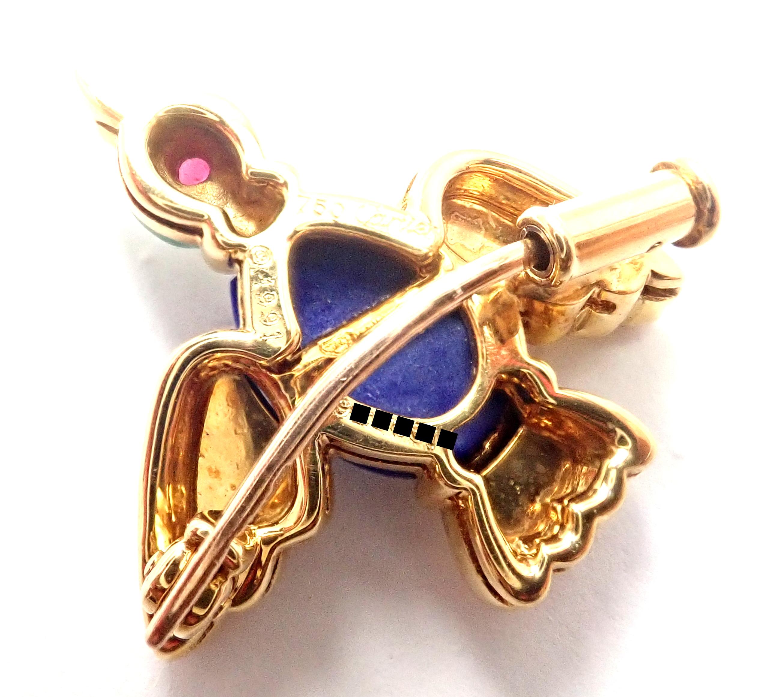 Women's or Men's Vintage Cartier Lapis Lazuli Ruby Yellow Gold Bird Pin Brooch For Sale