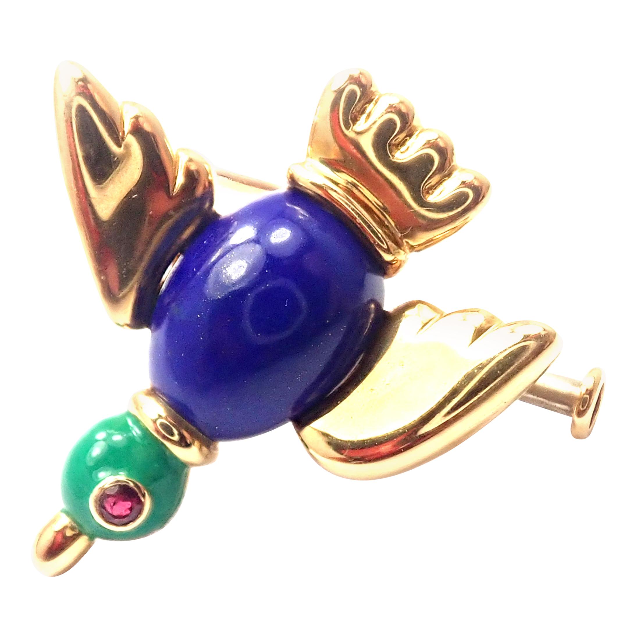 Vintage Cartier Lapis Lazuli Ruby Yellow Gold Bird Pin Brooch For Sale