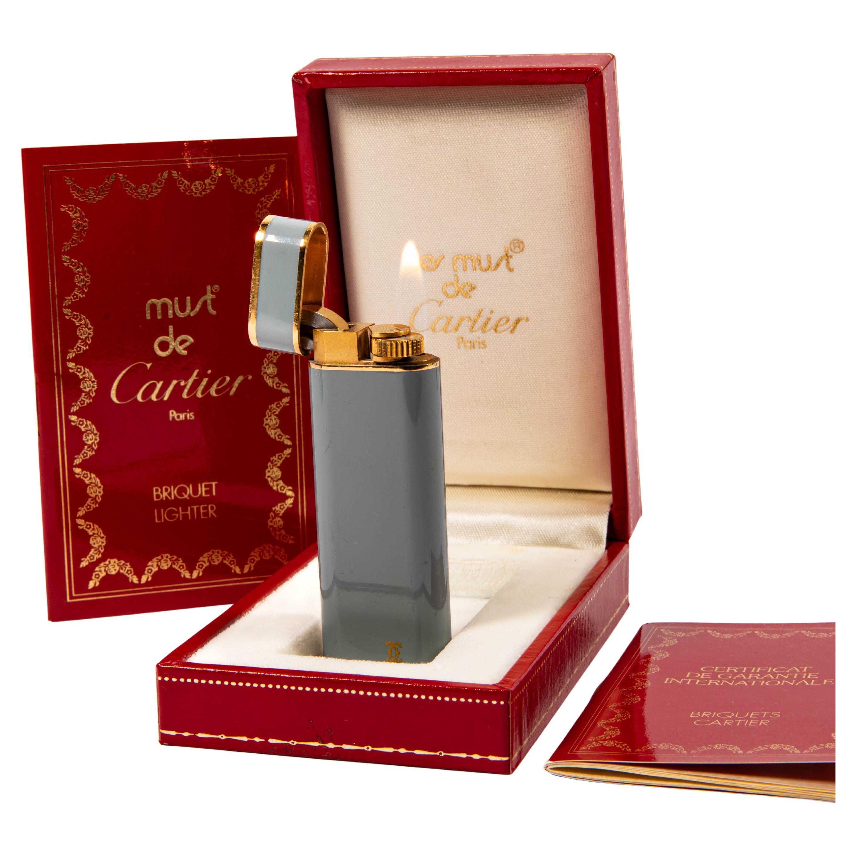 Vintage CARTIER Les Must Lighter Grey Lacquered in Box 1970s