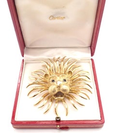 Vintage Cartier Lion Sapphire Large Yellow Gold Brooch Pin Pendant