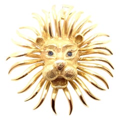 Retro Cartier Lion Sapphire Large Yellow Gold Brooch Pin Pendant
