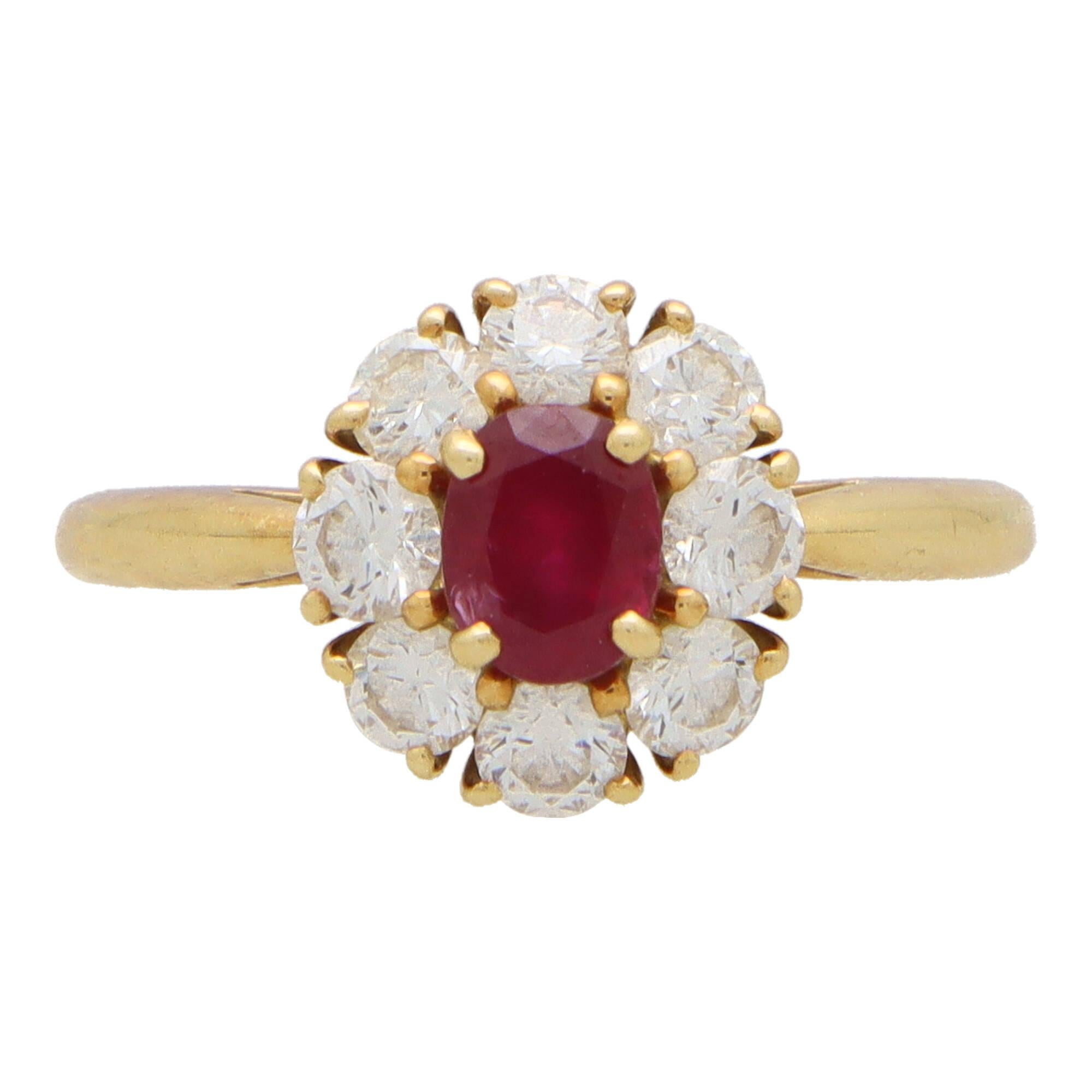 Modern Vintage Cartier London Ruby and Diamond Cluster Ring in 18k Yellow Gold For Sale