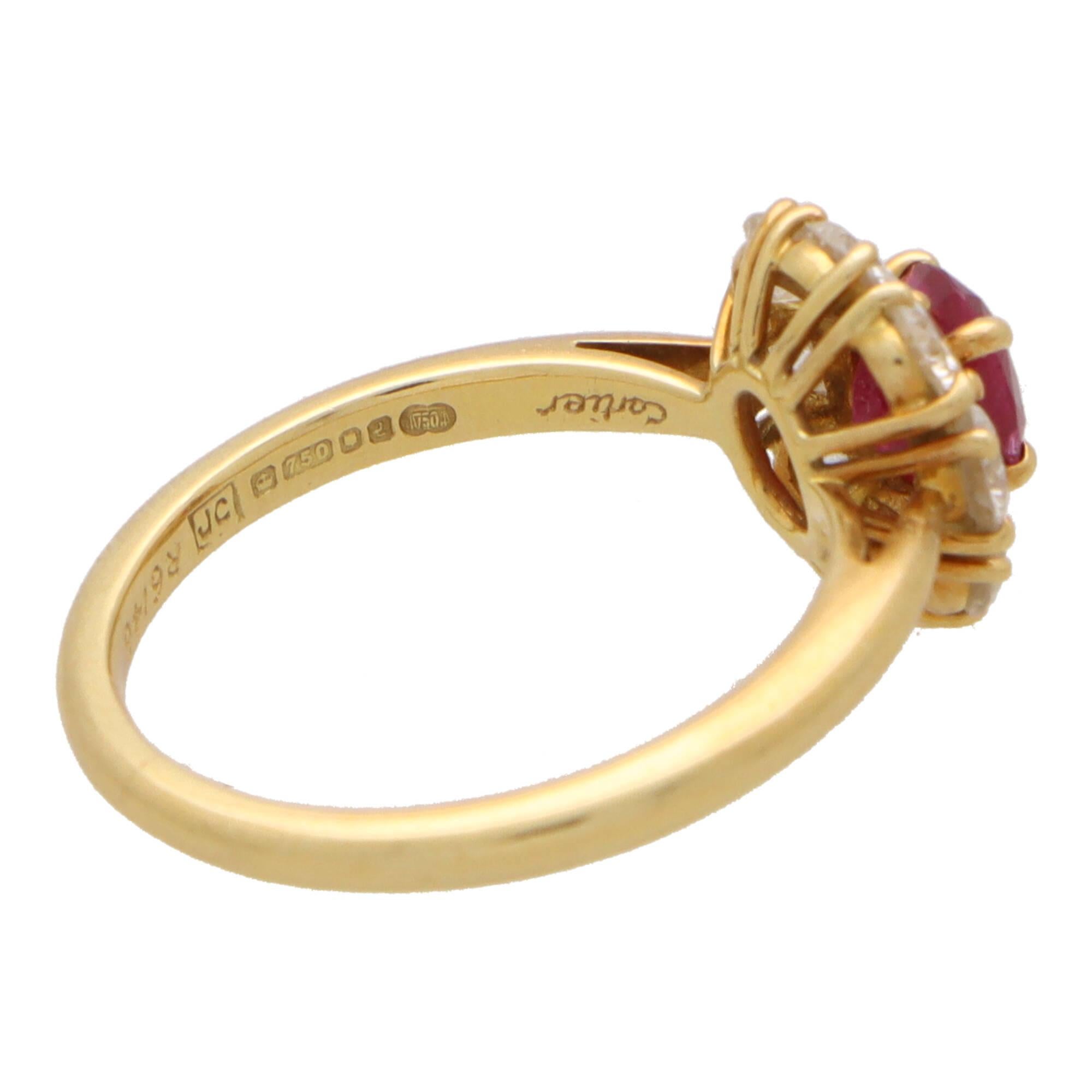 Oval Cut Vintage Cartier London Ruby and Diamond Cluster Ring in 18k Yellow Gold For Sale