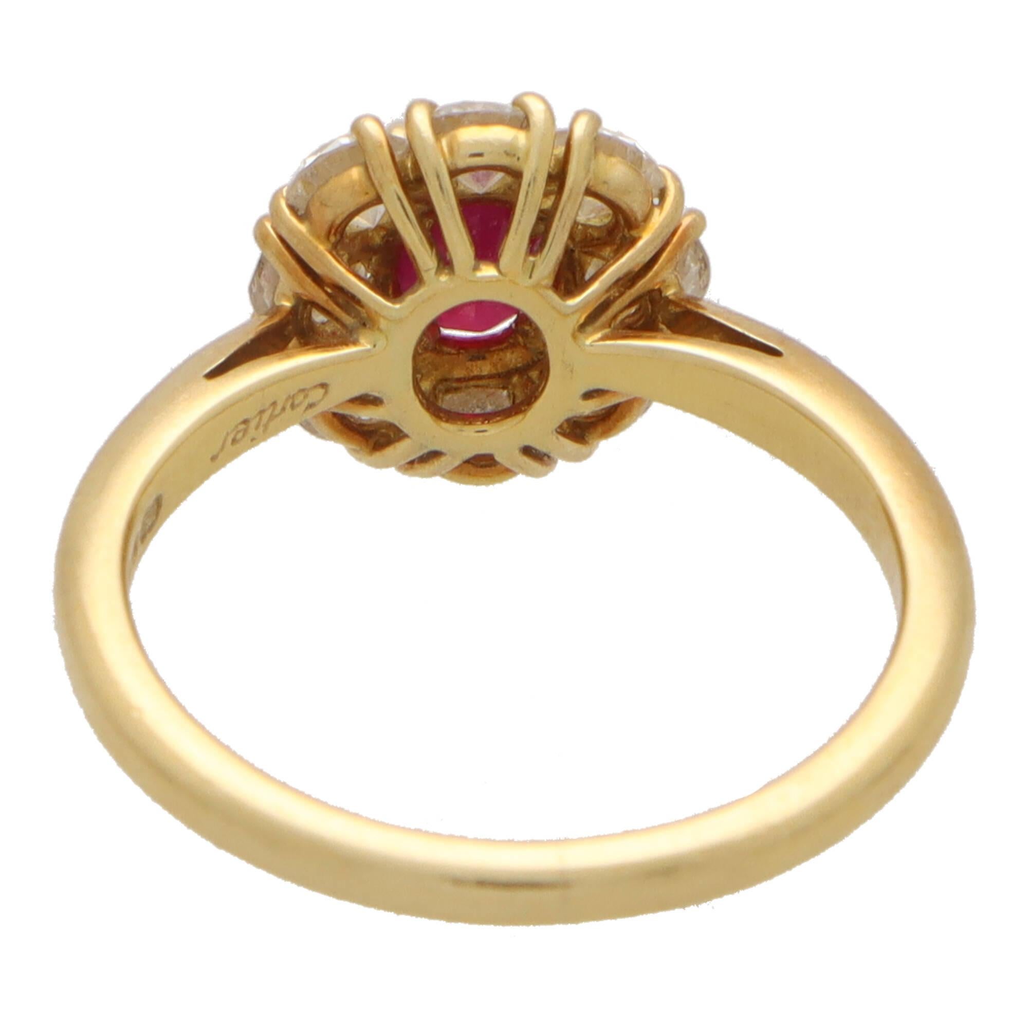 Women's or Men's Vintage Cartier London Ruby and Diamond Cluster Ring in 18k Yellow Gold For Sale