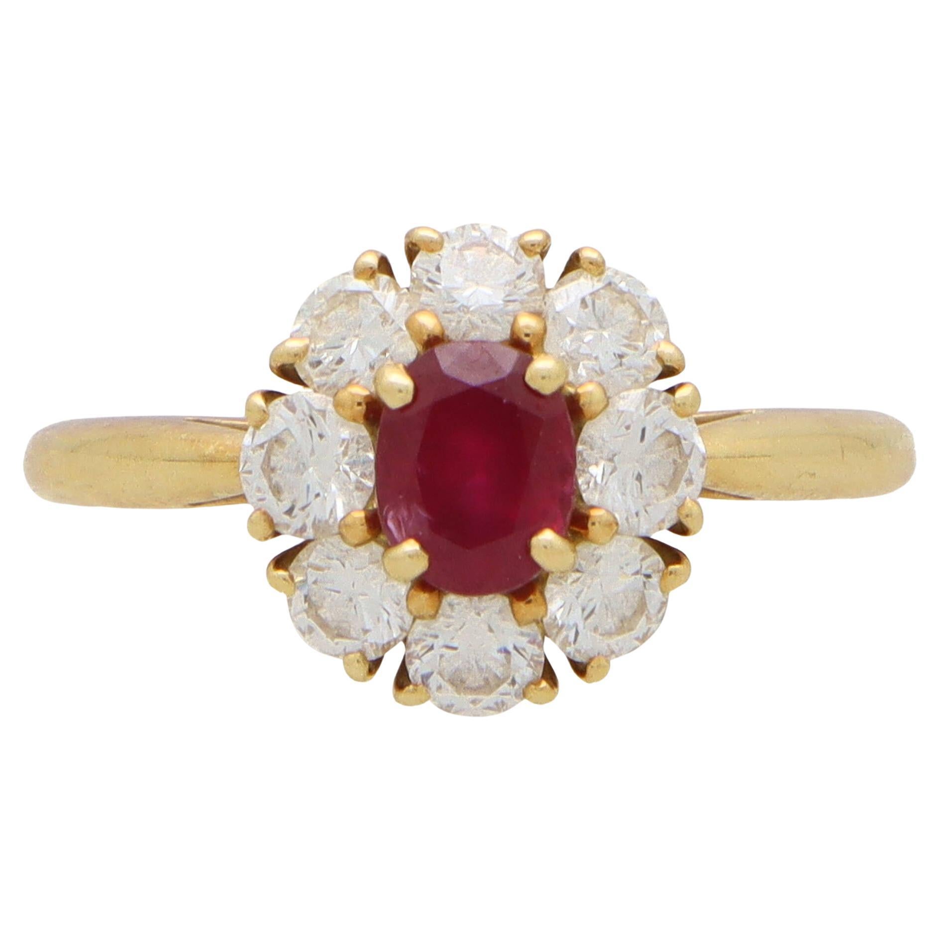 Vintage Cartier London Ruby and Diamond Cluster Ring in 18k Yellow Gold