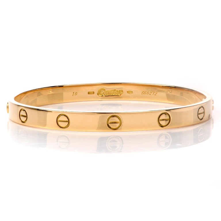 Vintage Cartier Love 18 Karat Yellow Gold Bangle Bracelet For Sale at