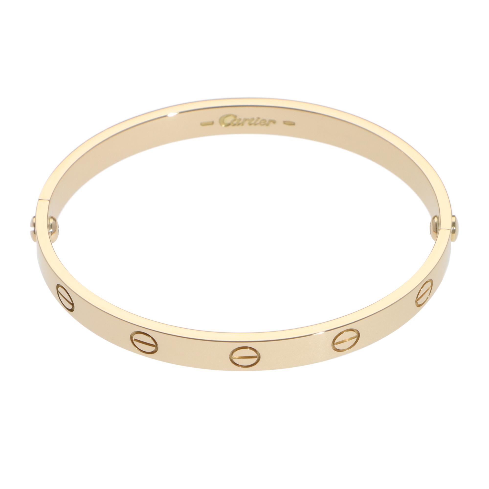 A classic vintage Cartier LOVE bracelet set in 18k yellow gold.

The LOVE collection is a firm favourite of many mainly due to the simple, beautiful and elegant design. The bracelet is composed of a 6-millimetre band set throughout with iconic nail