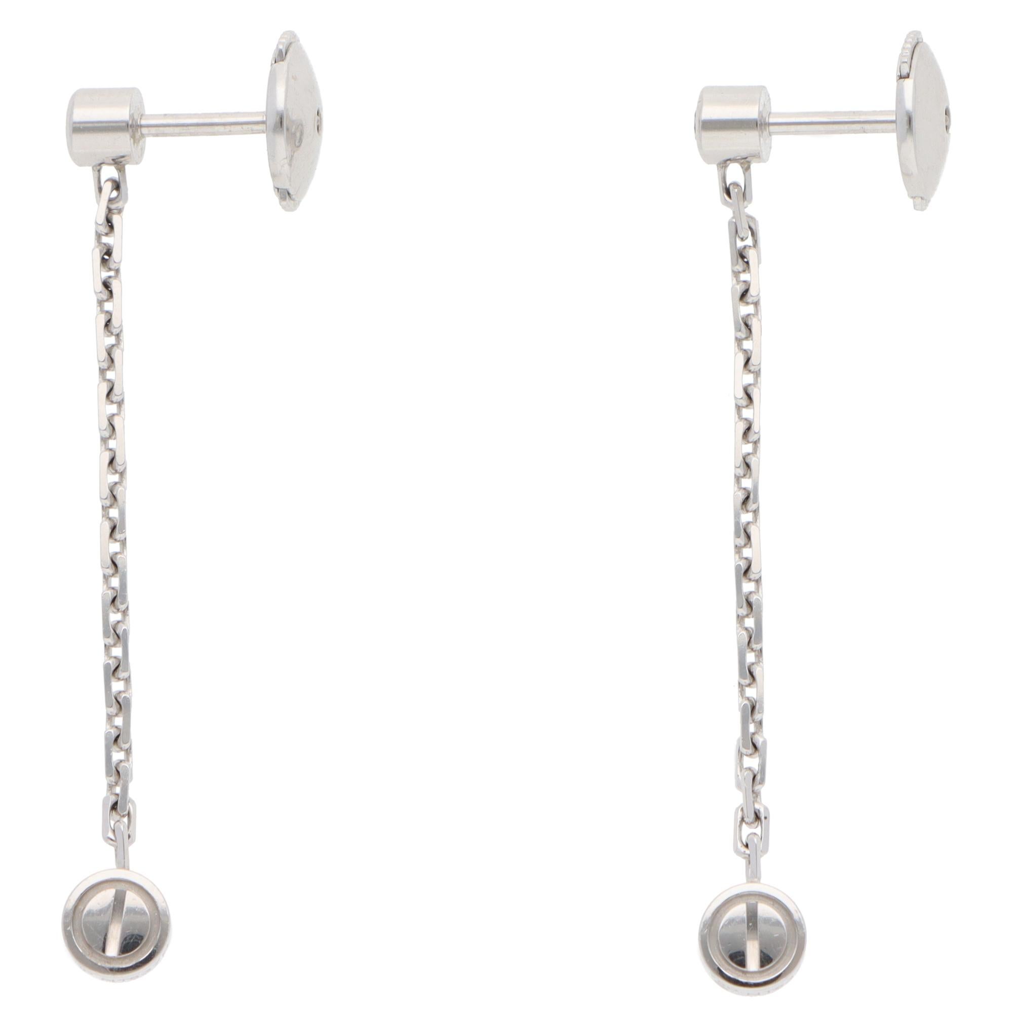 A beautiful pair of vintage Cartier LOVE diamond drop earrings set in 18k white gold.

The LOVE collection is a firm favourite of many mainly due to the simple, beautiful and elegant design. Each earring is composed of a round brilliant-cut diamond