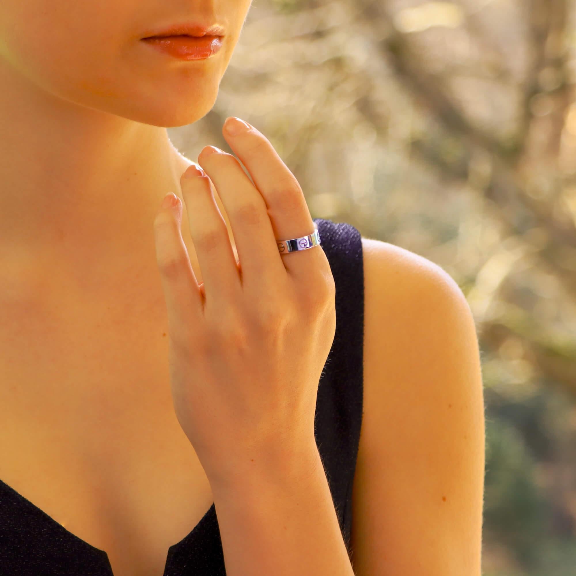 A classic Cartier Love ring set in 18k white gold.

The Love collection is a firm favorite of many mainly due to the simple yet beautiful design. The ring is composed of a 5.5-millimetre band with six individual nail motifs engraved within it. The