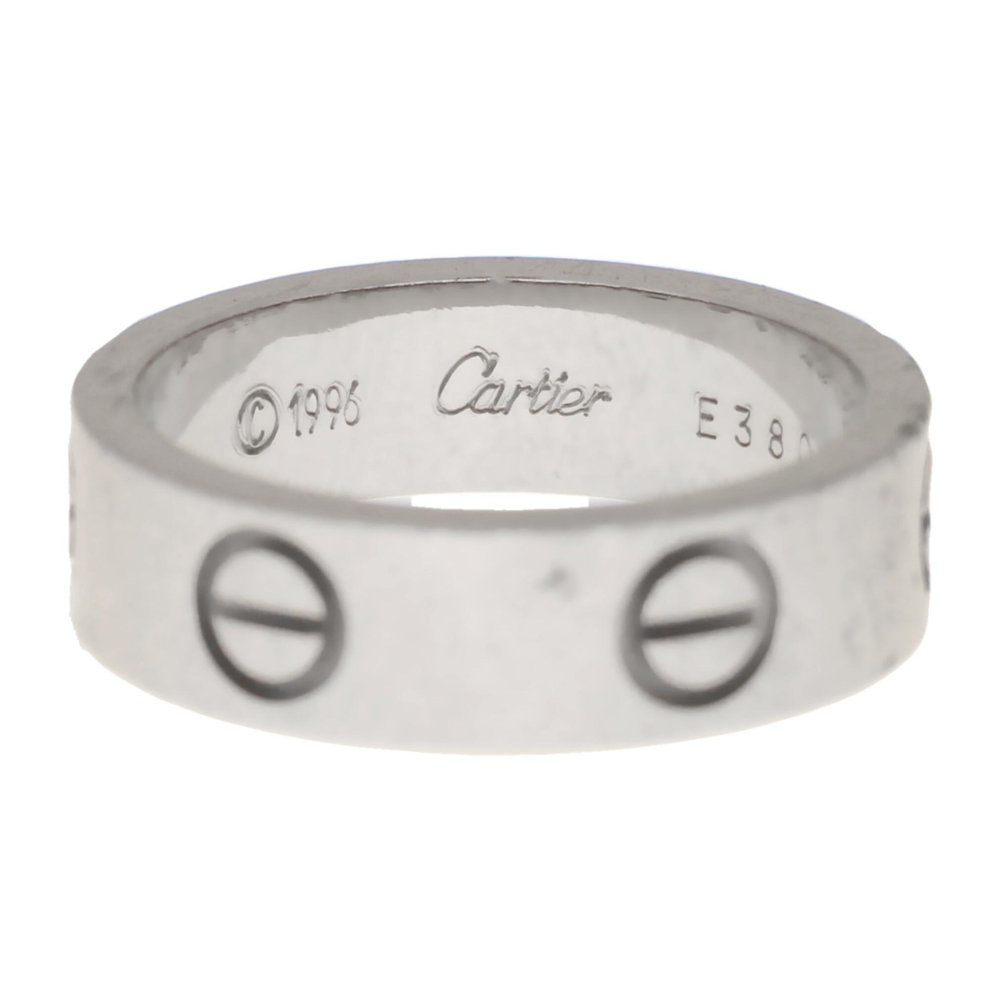 A classic Cartier Love ring set in 18k white gold.

The Love collection is a firm favorite of many mainly due to the simple yet beautiful design. The ring is composed of a 5.5-millimetre band with six individual nail motifs engraved within it. The