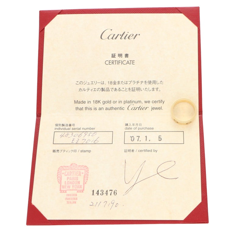 Women's or Men's Vintage Cartier Love Ring Set in 18k Yellow Gold, with Certificate For Sale