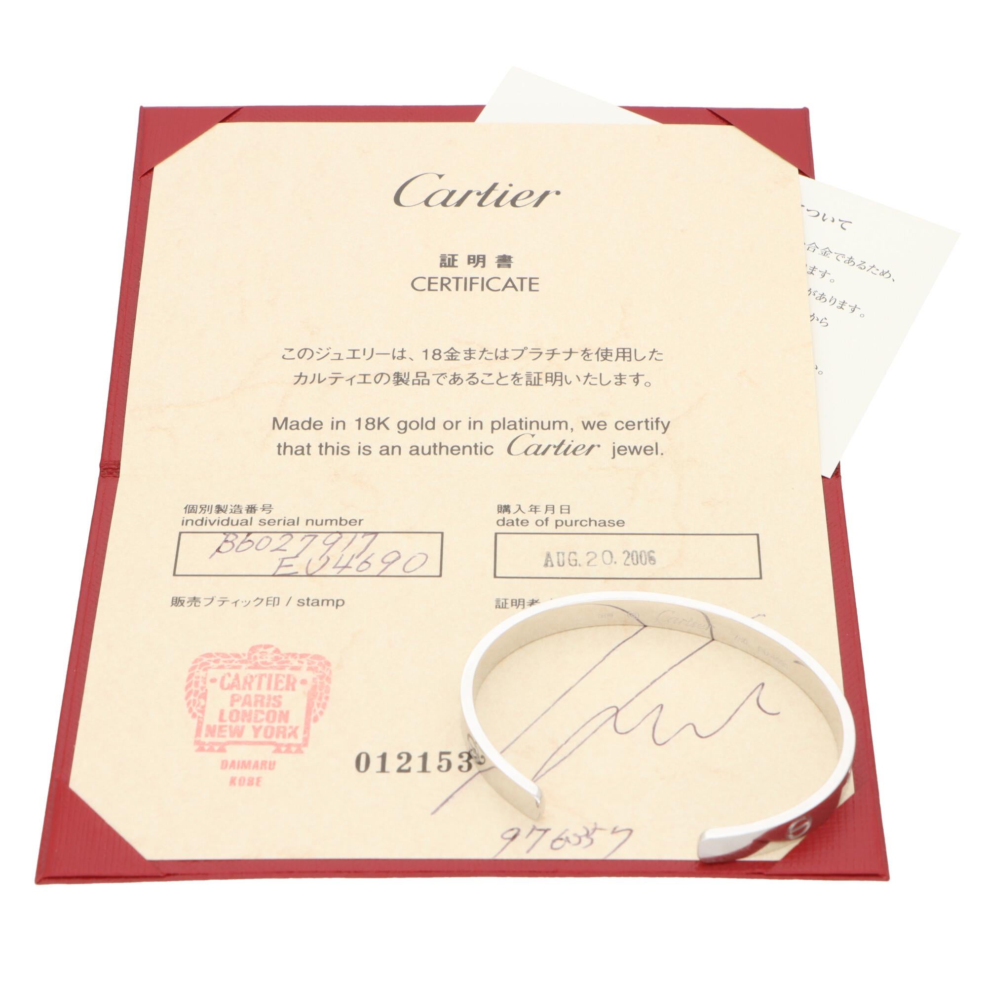 A classic Cartier Love U torque bangle set in 18k white gold.

The Love collection is a firm favourite of many mainly due to the simple, beautiful and elegant design. The bangle is composed of a 6-millimetre band with nine individual nail motifs