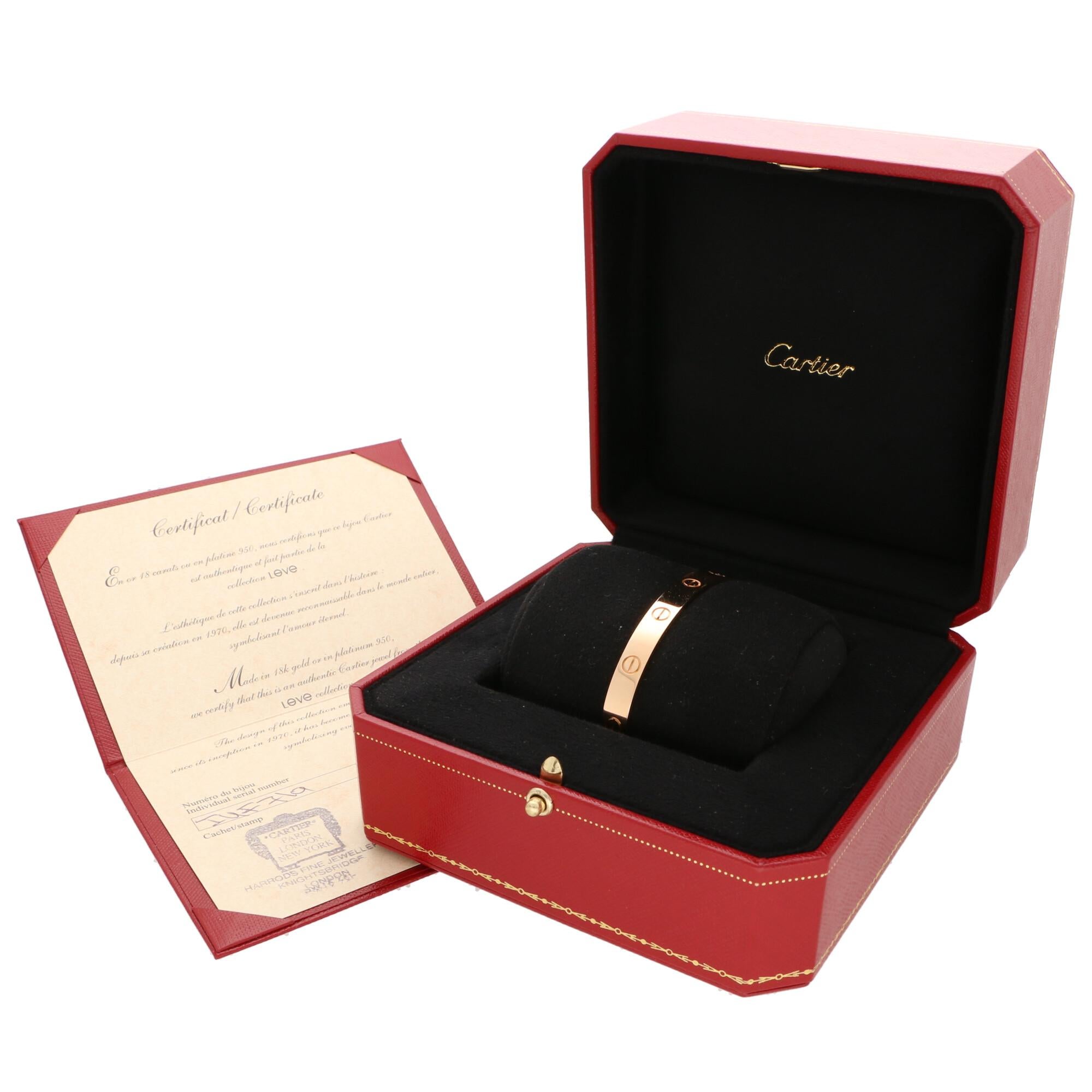 A classic Cartier Love U torque bangle set in 18k rose gold.

The Love collection is a firm favourite of many mainly due to the simple, beautiful and elegant design. The bangle is composed of a 6.2-millimetre band with nine individual nail motifs