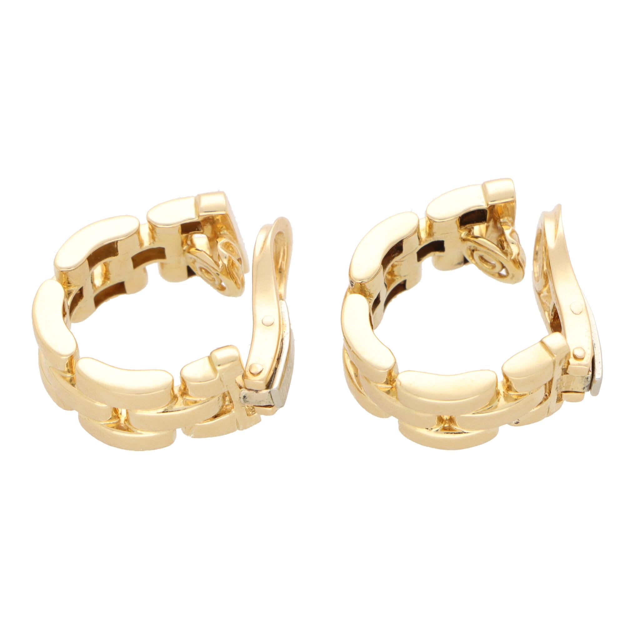  A beautiful pair of vintage Cartier Maillon earrings set in 18k yellow gold.

The earrings are from the iconic Maillon de Panthere collection and are composed of 3 lines of brick links. All the links are soldered together in a striking hoop shape.