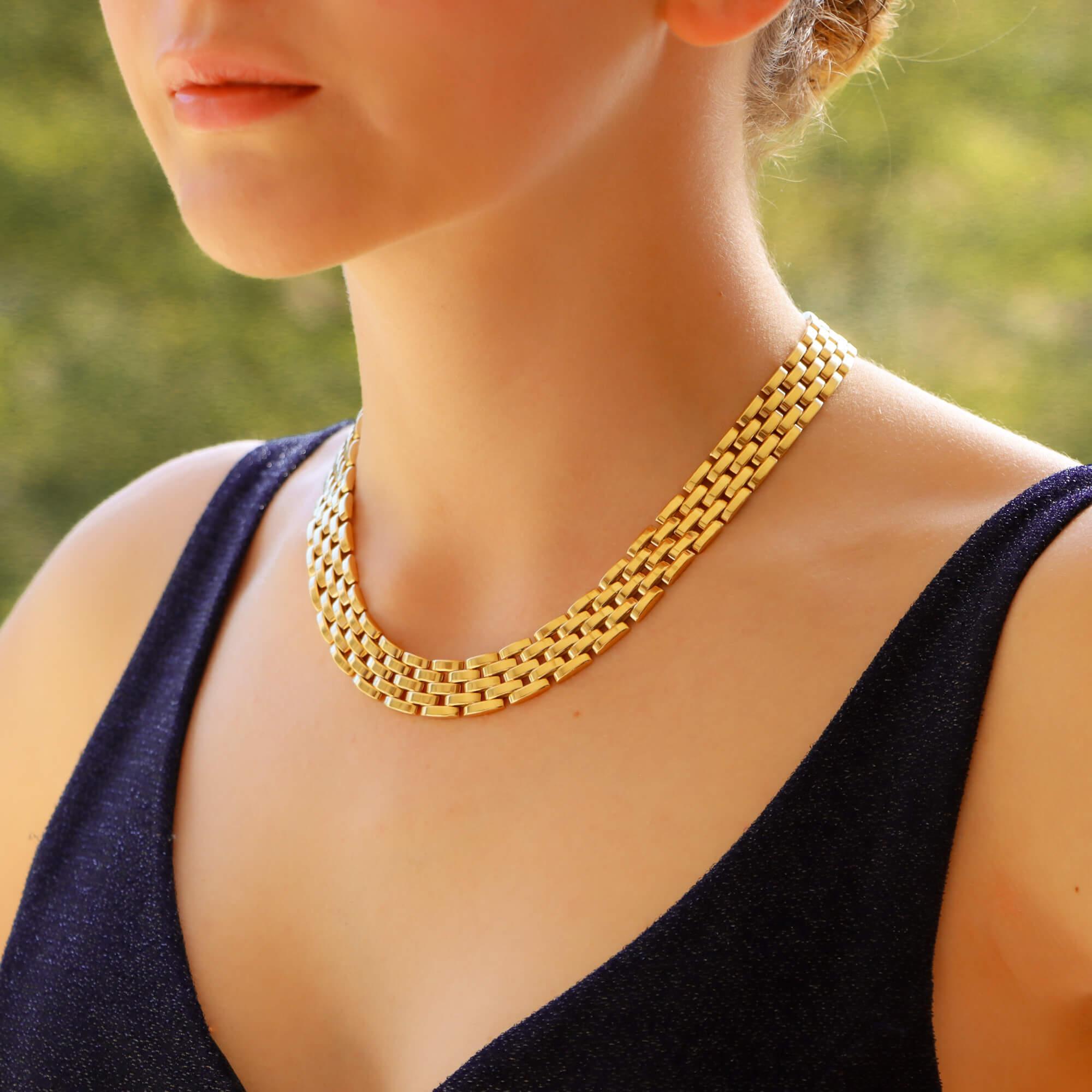 A beautiful vintage Cartier Maillon Panthère necklace set in solid 18k yellow gold. 

The necklace is composed of exactly 190 solid gold flat links, connected in the iconic Maillon Panthère brick link design. This particular design is the five-row
