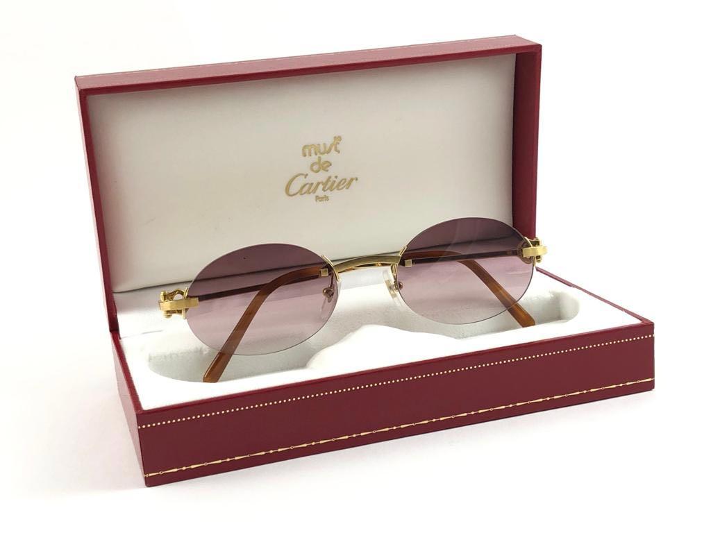 Brown Vintage Cartier Matte Gold Plated Rimless Gradient Lens France Sunglasses