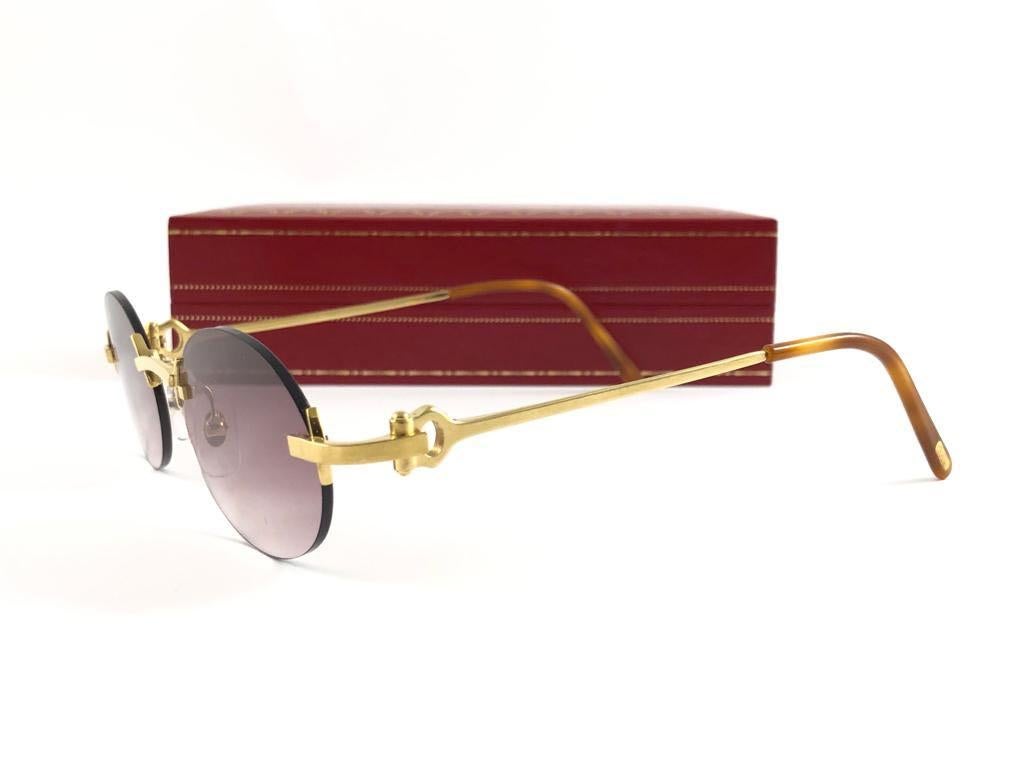 Vintage Cartier Matte Gold Plated Rimless Gradient Lens France Sunglasses For Sale 2