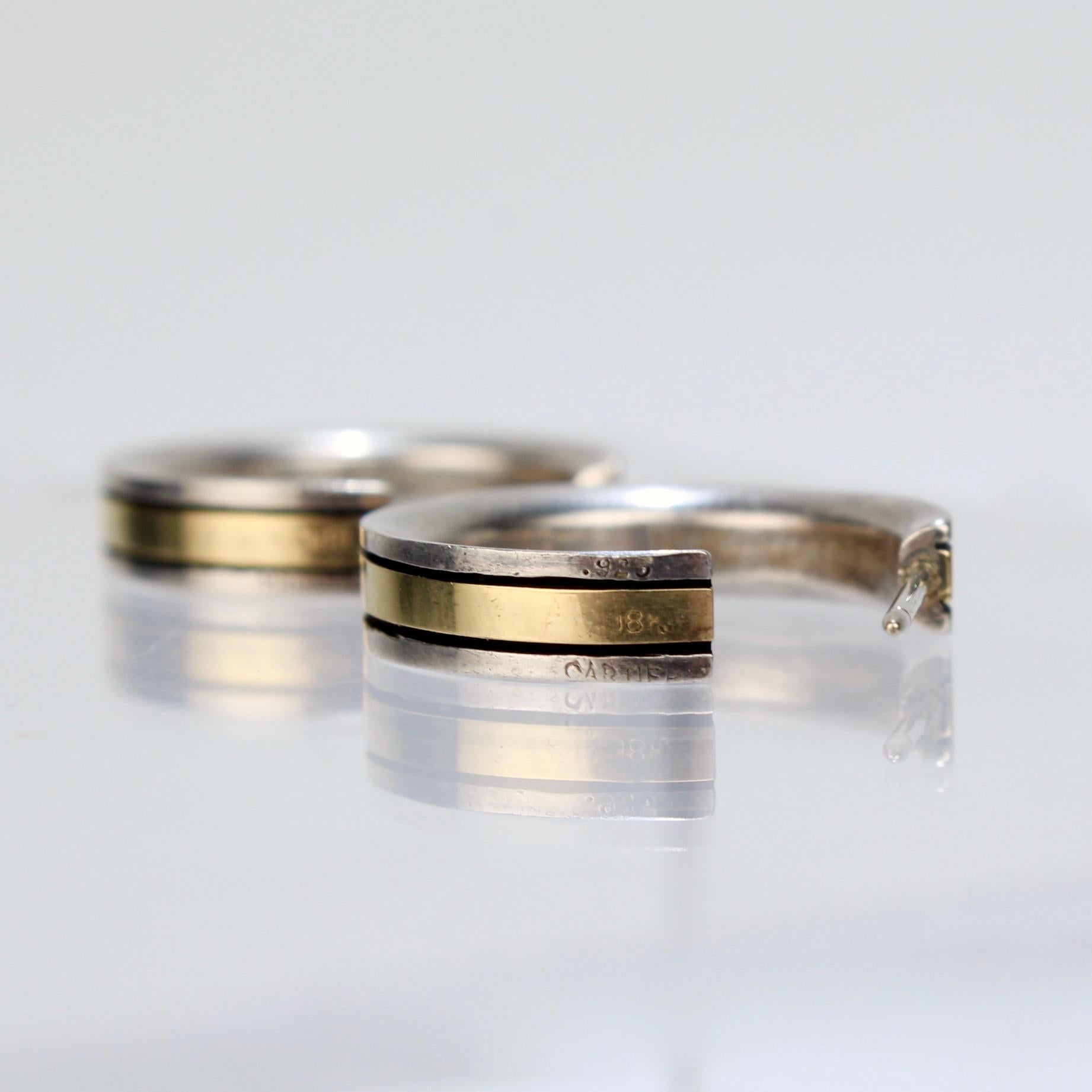 Women's Vintage Cartier Mixed Metal 18 Karat Gold and Sterling Silver Hoop Earrings