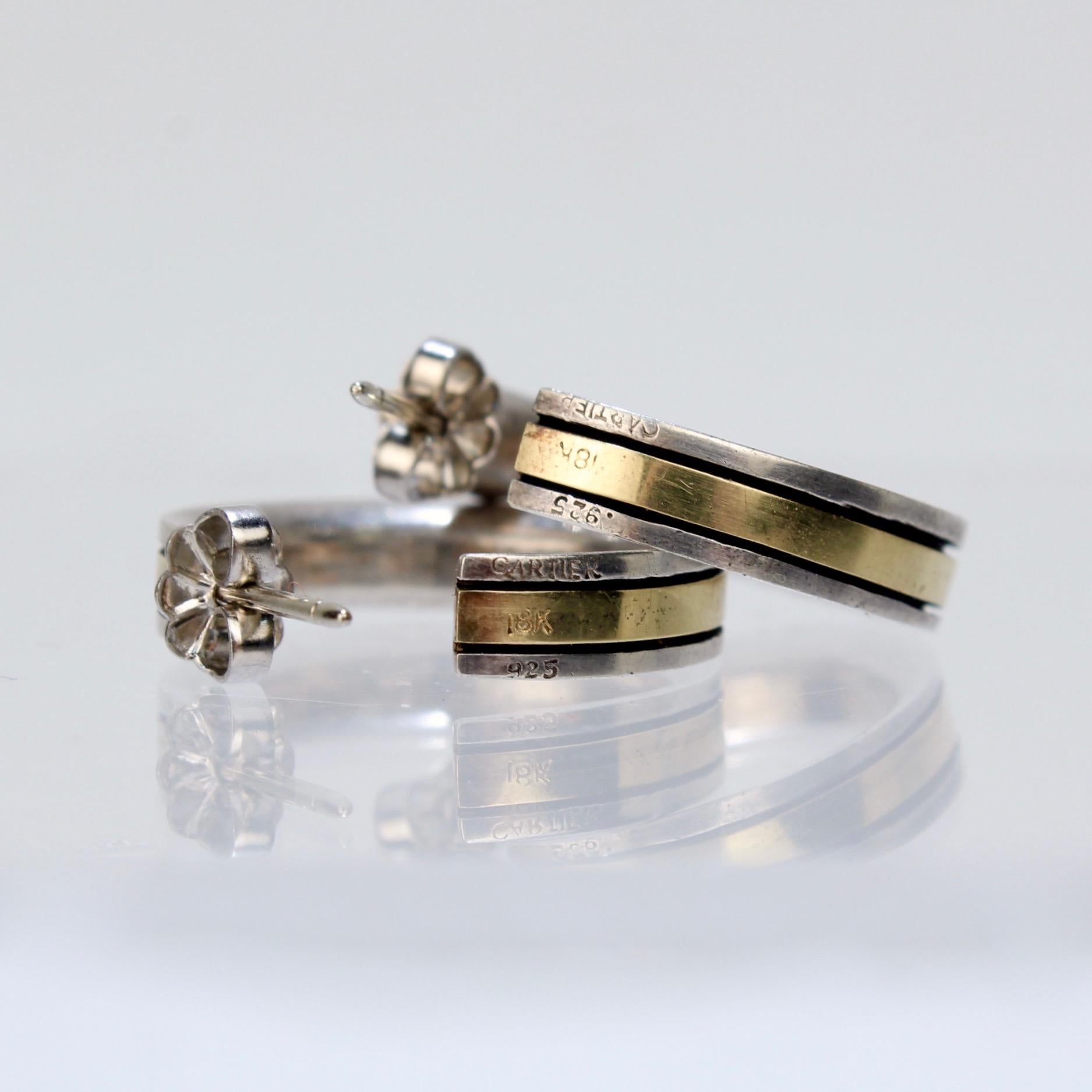 Vintage Cartier Mixed Metal 18 Karat Gold and Sterling Silver Hoop Earrings 1