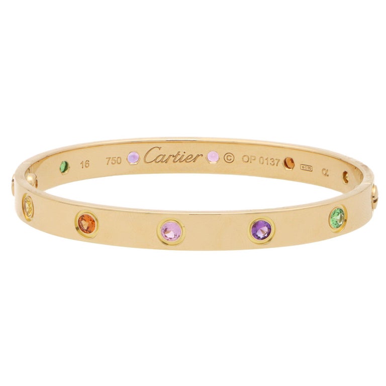 Vintage Cartier Multi Gem Love Bangle in 18k Yellow Gold, Size 16 with Box  at 1stDibs | cartier bracelet 750 16 ip 6688 price, cartier multi gem love  bracelet
