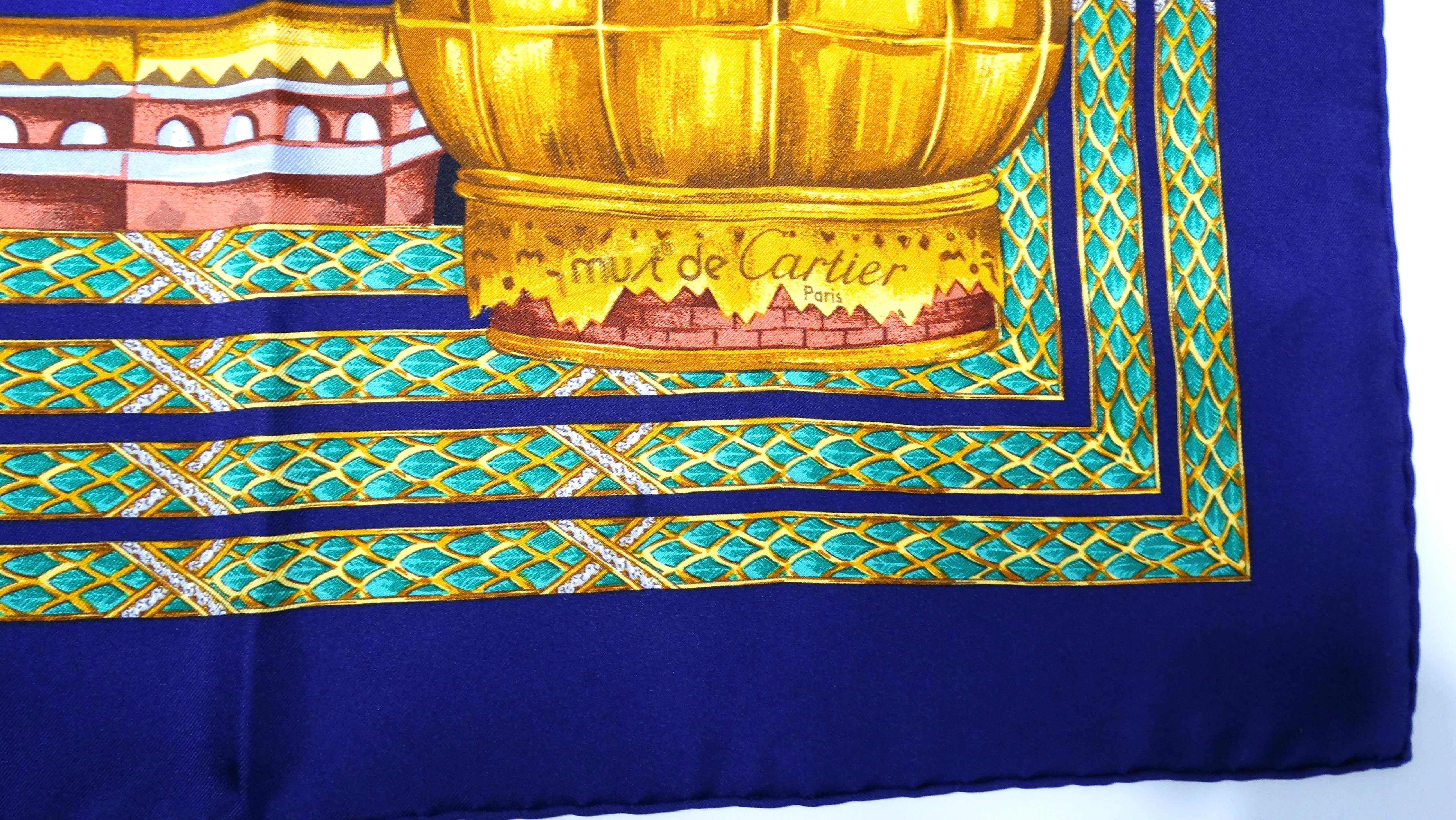 The Vintage Cartier Must De Cartier Silk Print Scarf is a stunning piece that pays homage to intricate Russian architecture, showcasing elegant patterns and rich colors like royal blue. This luxurious scarf is an effortless accessory that can
