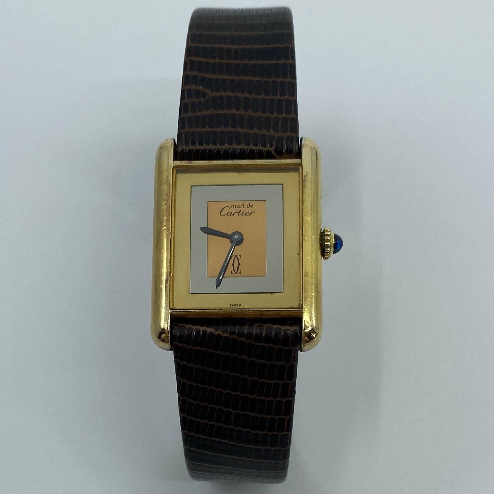 Vintage Cartier Must De Cartier Art Deco Style 18k Yellow Gold Plated Leather Watch.

Some signs of wear with scratches and marks on the case. Can be refurbished if requested. Strap has been replaced by Hirsch 8' water resistant leather