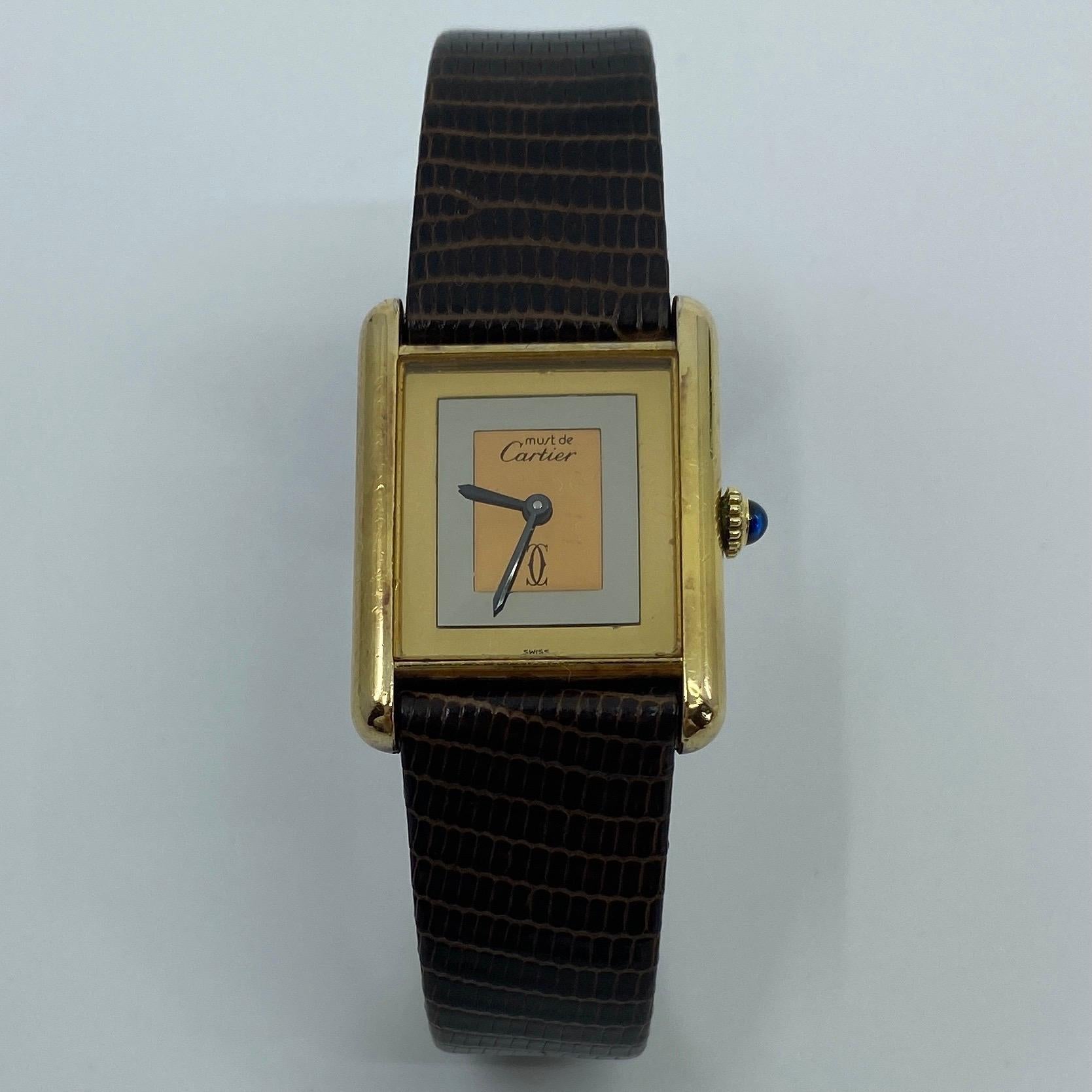 Vintage Cartier Must De Cartier Tank 18k Gold Plated Mechanical Swiss Watch In Fair Condition In Birmingham, GB