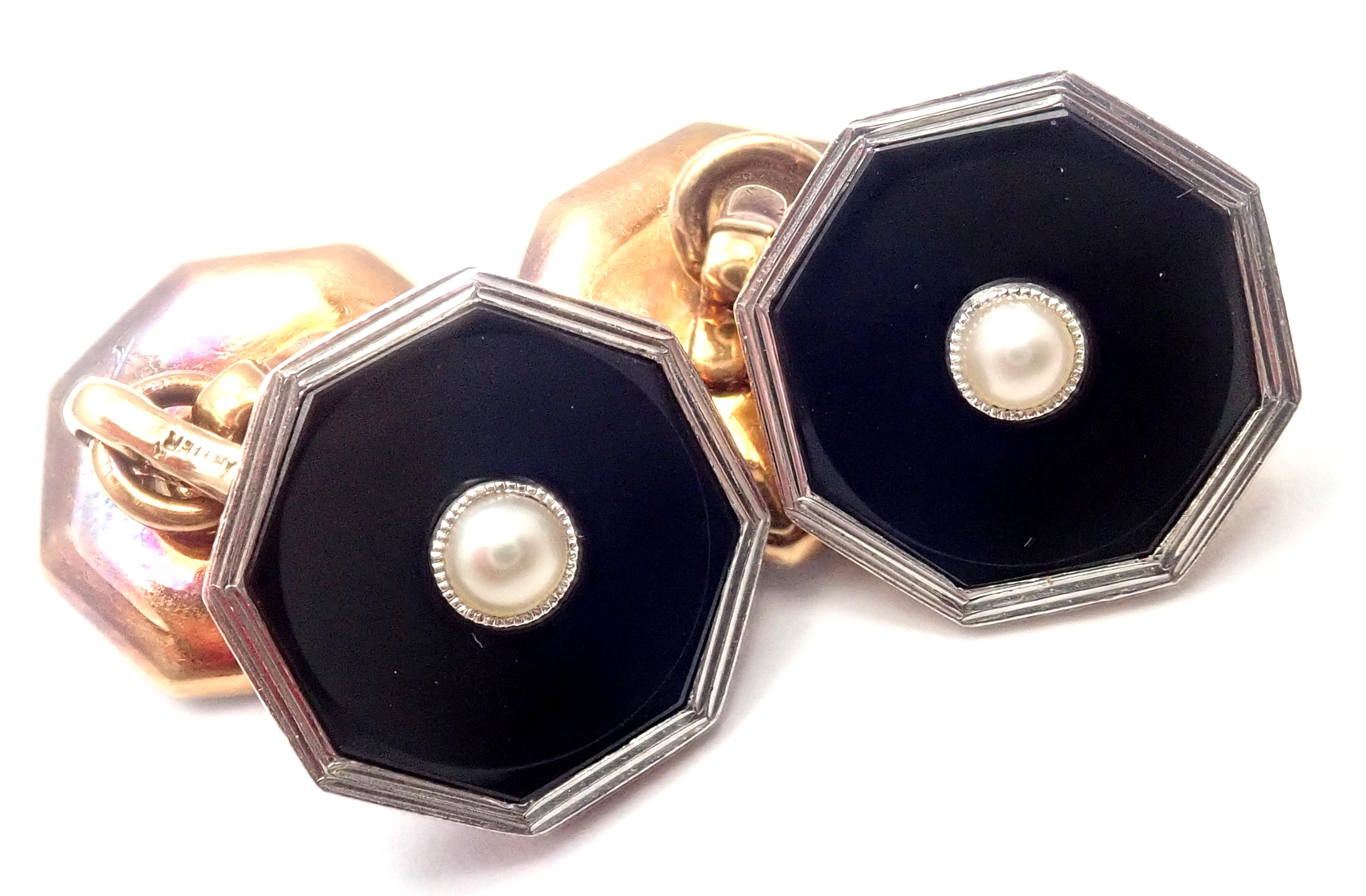 Platinum And 14k Yellow Gold Onyx Seed Pearl Vintage Cufflinks by Cartier. 
With Onyx
4 seed pearls 4mm each
Details: 
Measurements: 14mm x 25mm
Weight: 7.3 grams
Stamped Hallmarks: Cartier Plat&Gold 14k
*Free Shipping within the United States*
Your