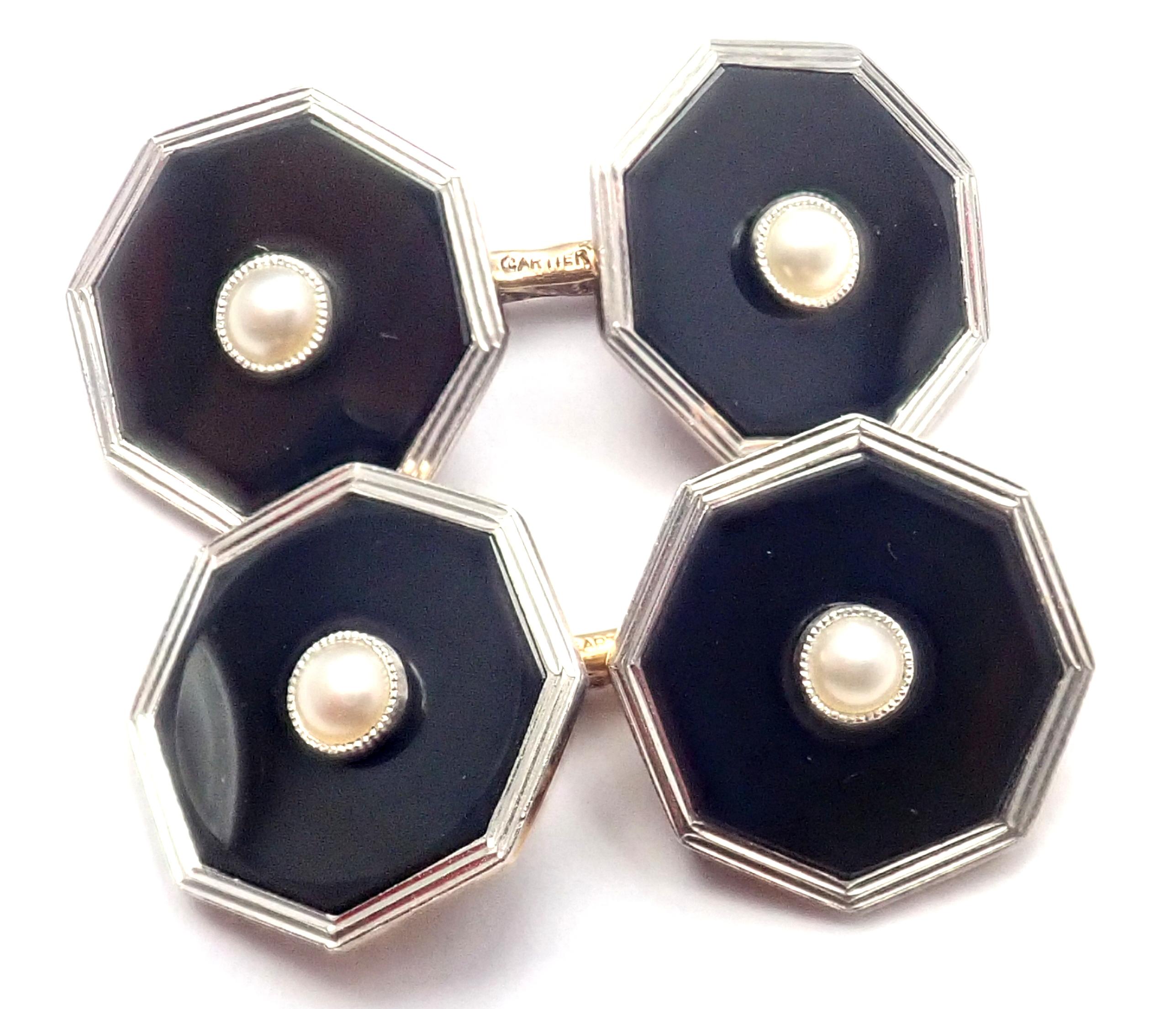 Women's or Men's Vintage Cartier Onyx Pearl Platinum and Yellow Gold Cufflinks