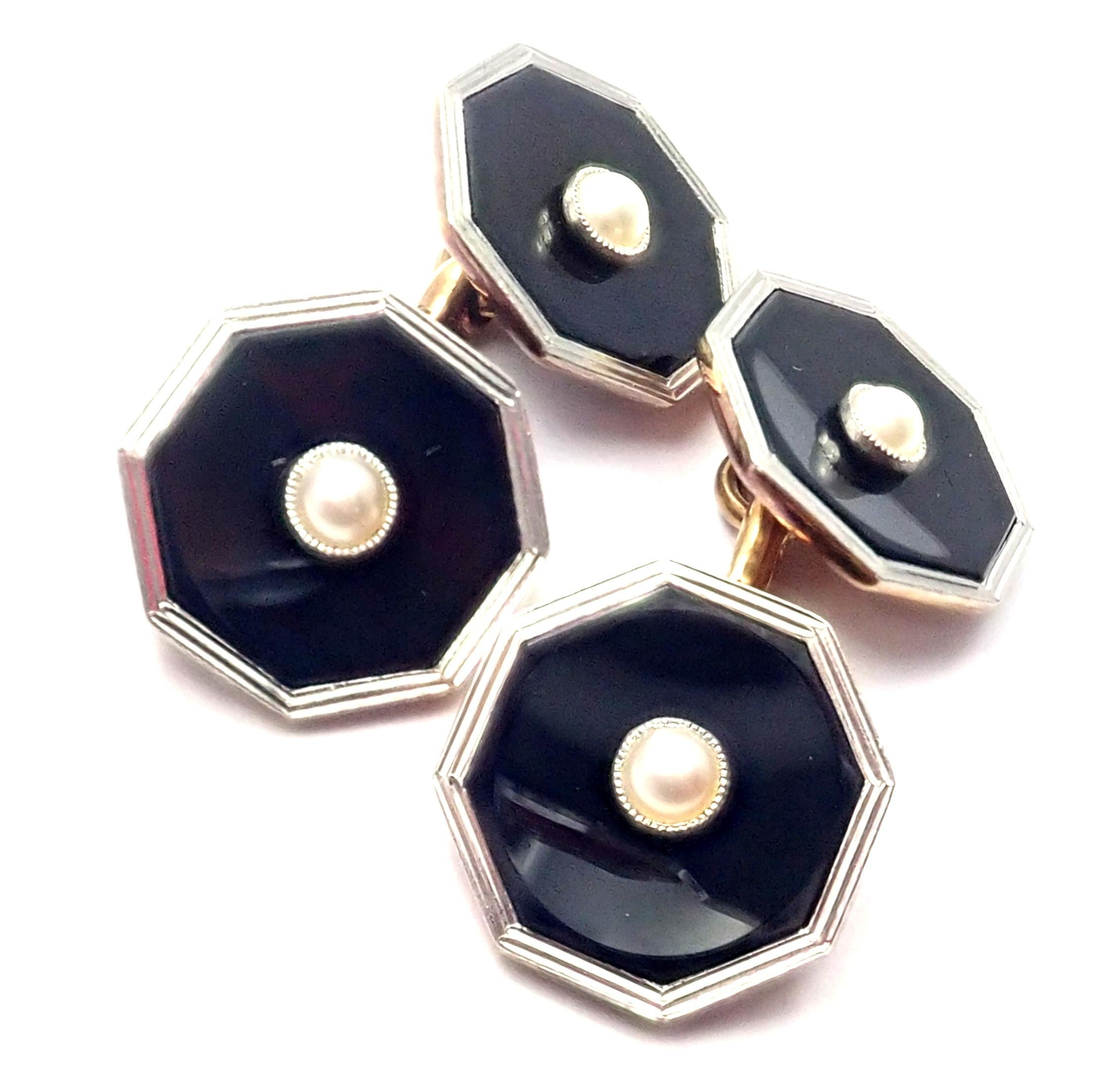 Vintage Cartier Onyx Pearl Platinum and Yellow Gold Cufflinks 1