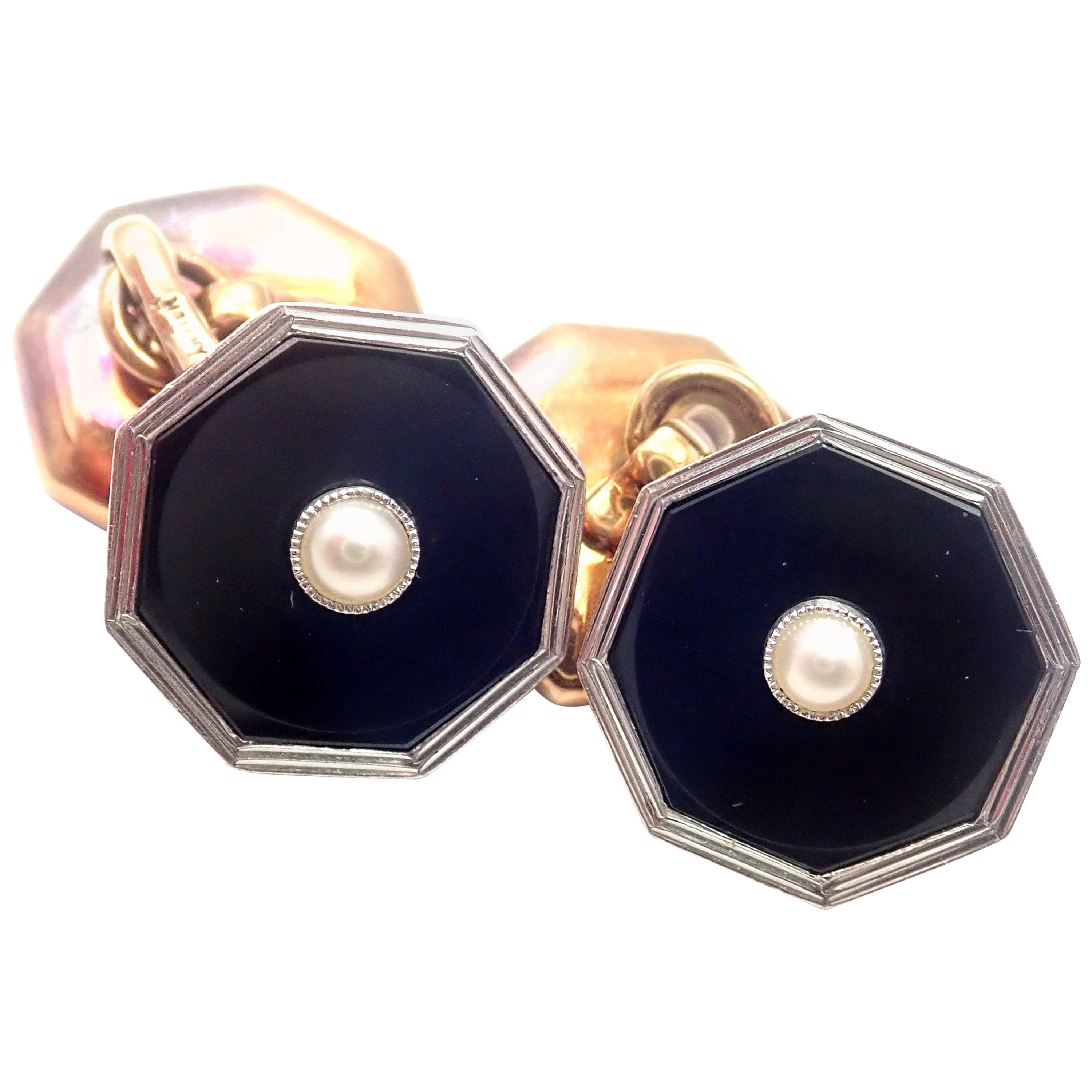 Vintage Cartier Onyx Pearl Platinum and Yellow Gold Cufflinks