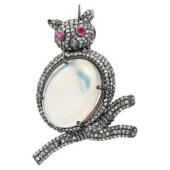 Vintage Victorian Cartier Opal Ruby Stone Diamond Owl Brooch Silver Unisex Pin