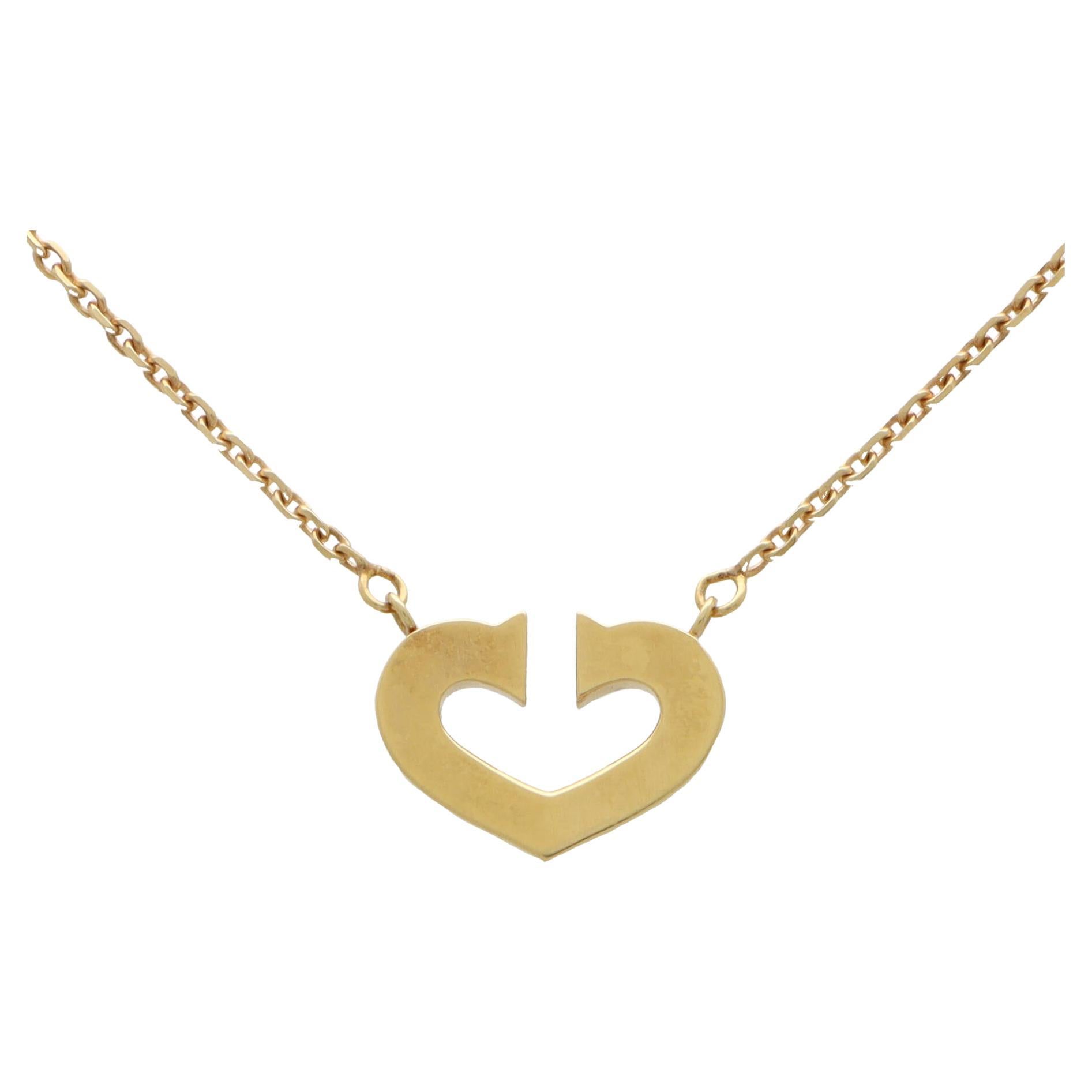 Vintage Cartier Open Double C Heart Pendant Necklace in 18k Yellow Gold For Sale