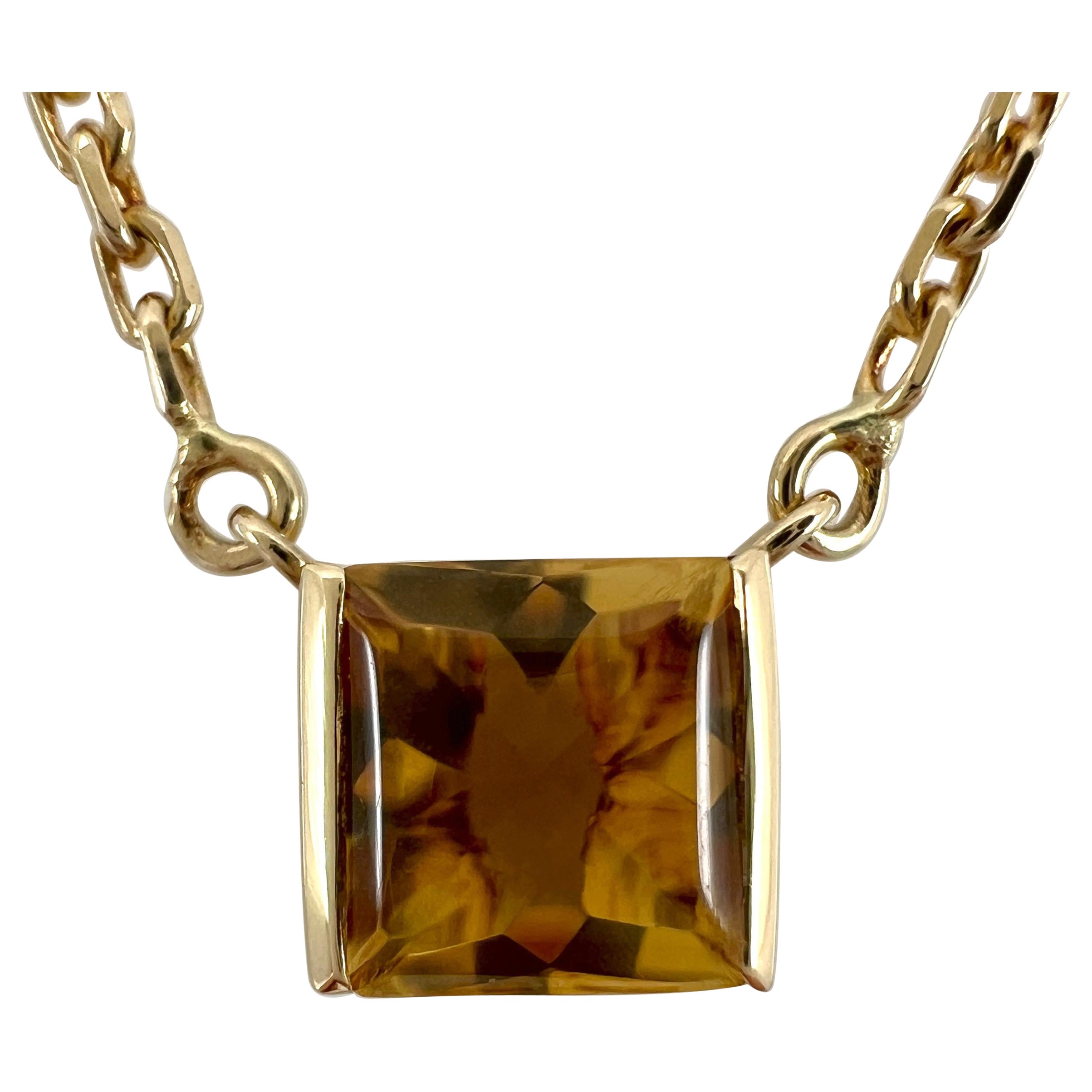 Vintage Cartier Orange Citrine Cushion Cut 18k Yellow Gold Tank Pendant Necklace For Sale
