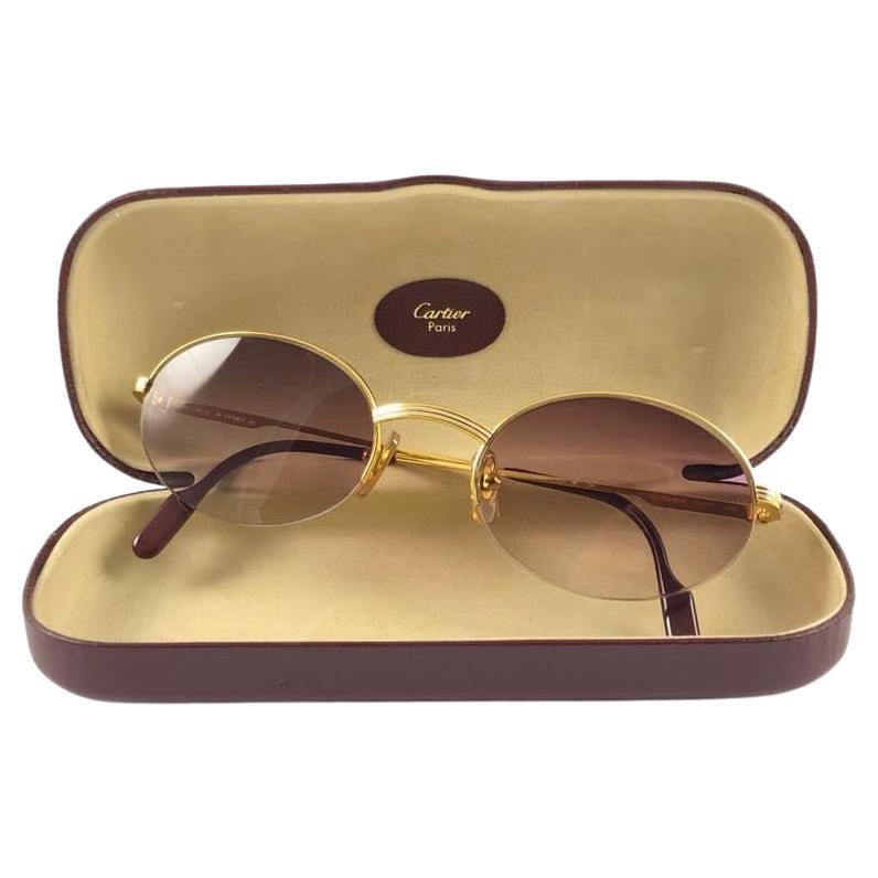 Vintage Cartier Oval Gold Manhattan 53mm Frame 18k Plated Sunglasses France For Sale