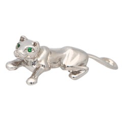 Retro Cartier Panther Pin/Brooch Set in 18k White Gold with Emerald Eyes