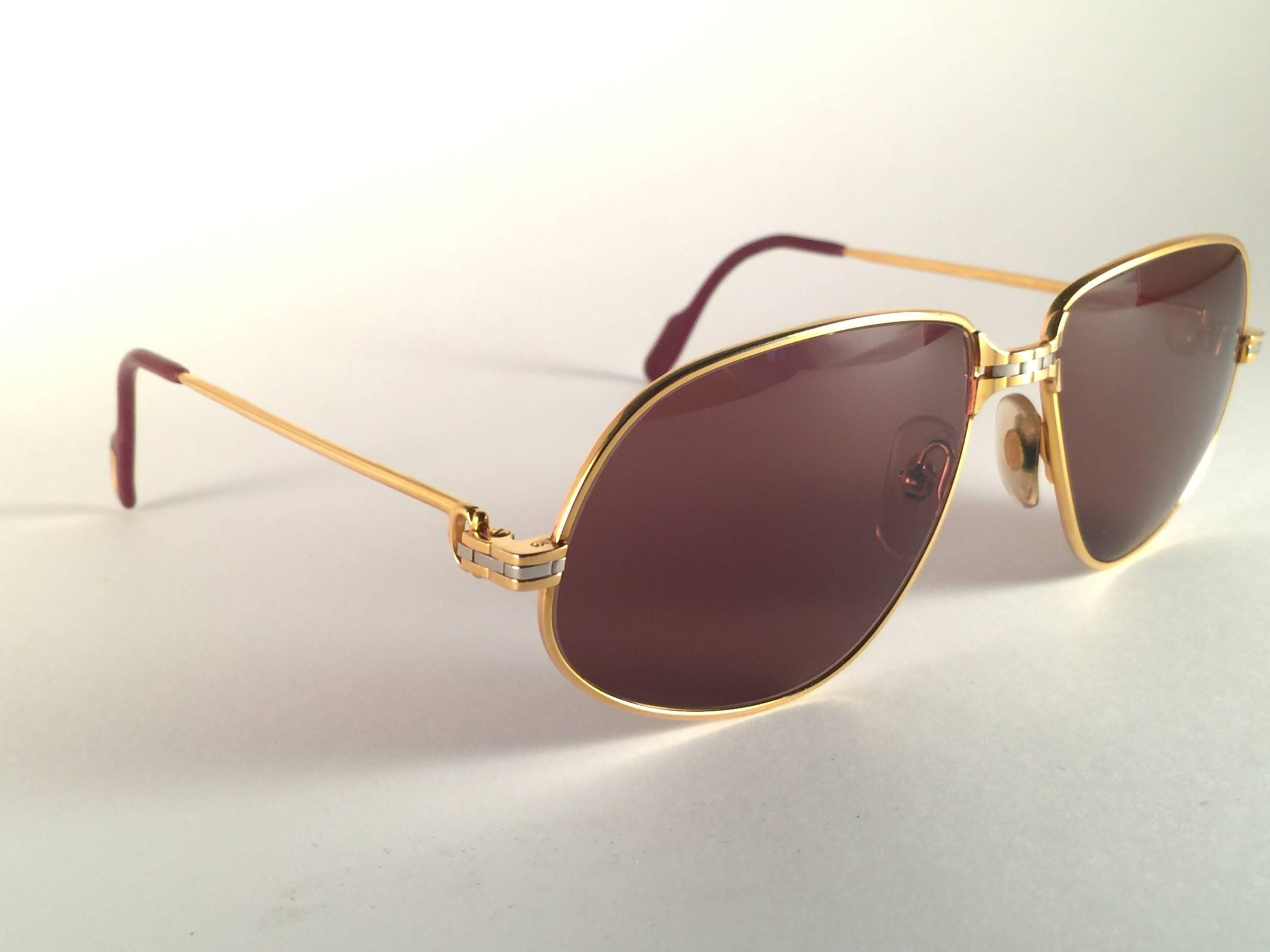 Women's or Men's Vintage Cartier Panthere 59mm Medium Sunglasses France 18k Gold Heavy Plated For Sale