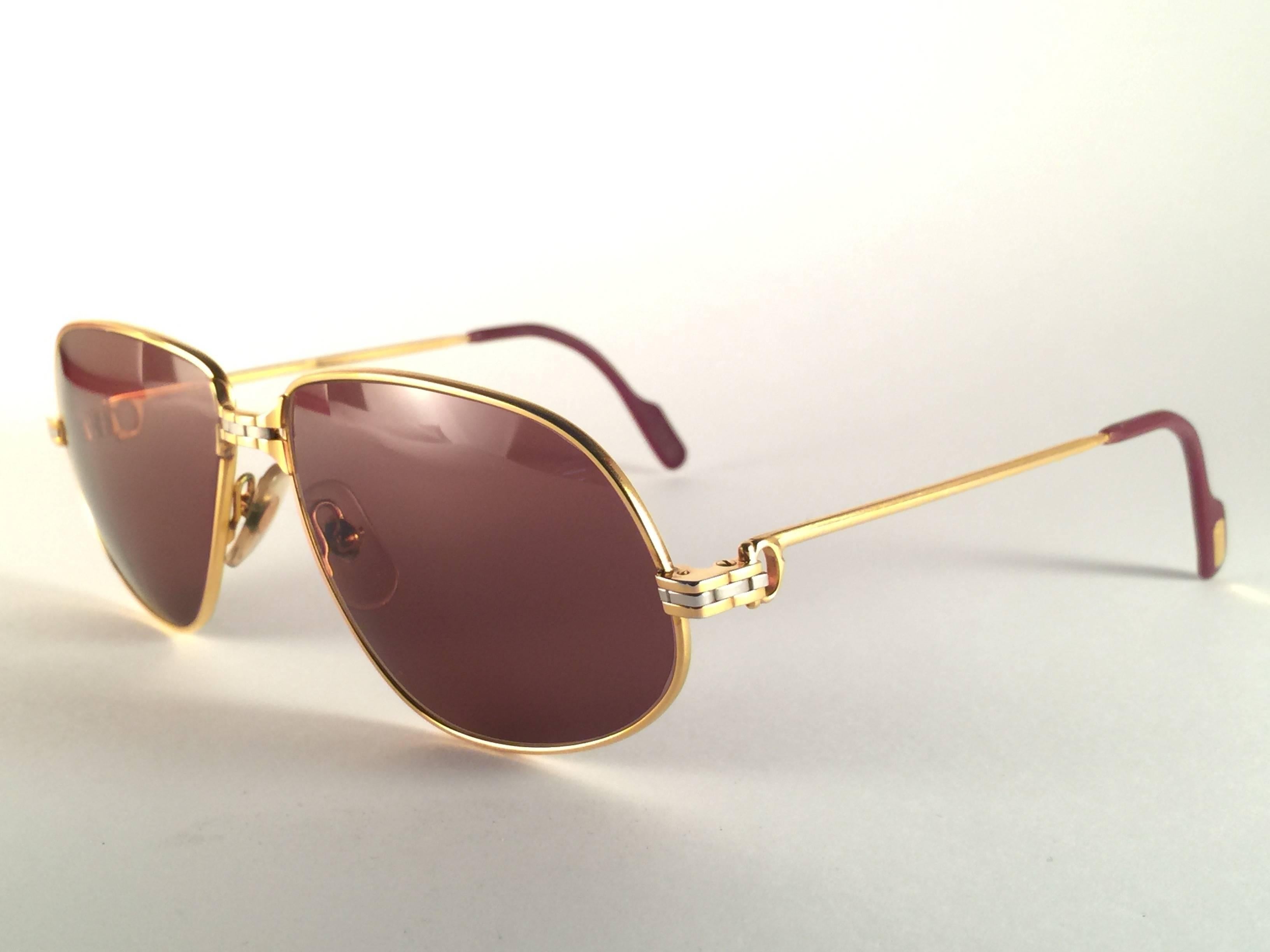Vintage Cartier Panthere 59mm Medium Sunglasses France 18k Gold Heavy Plated For Sale 1