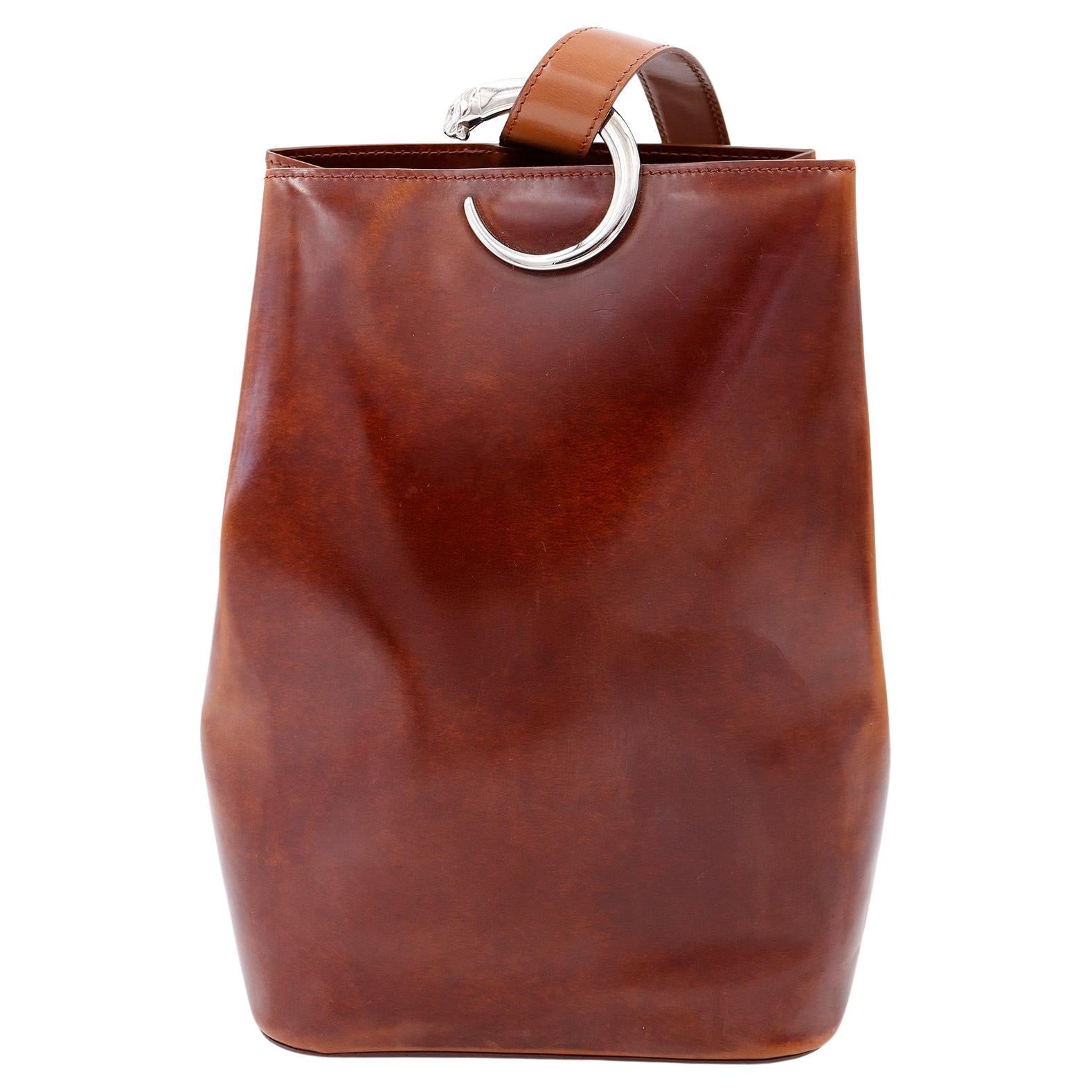Vintage Cartier Panthere Brown Leather Backpack Shoulder Bag