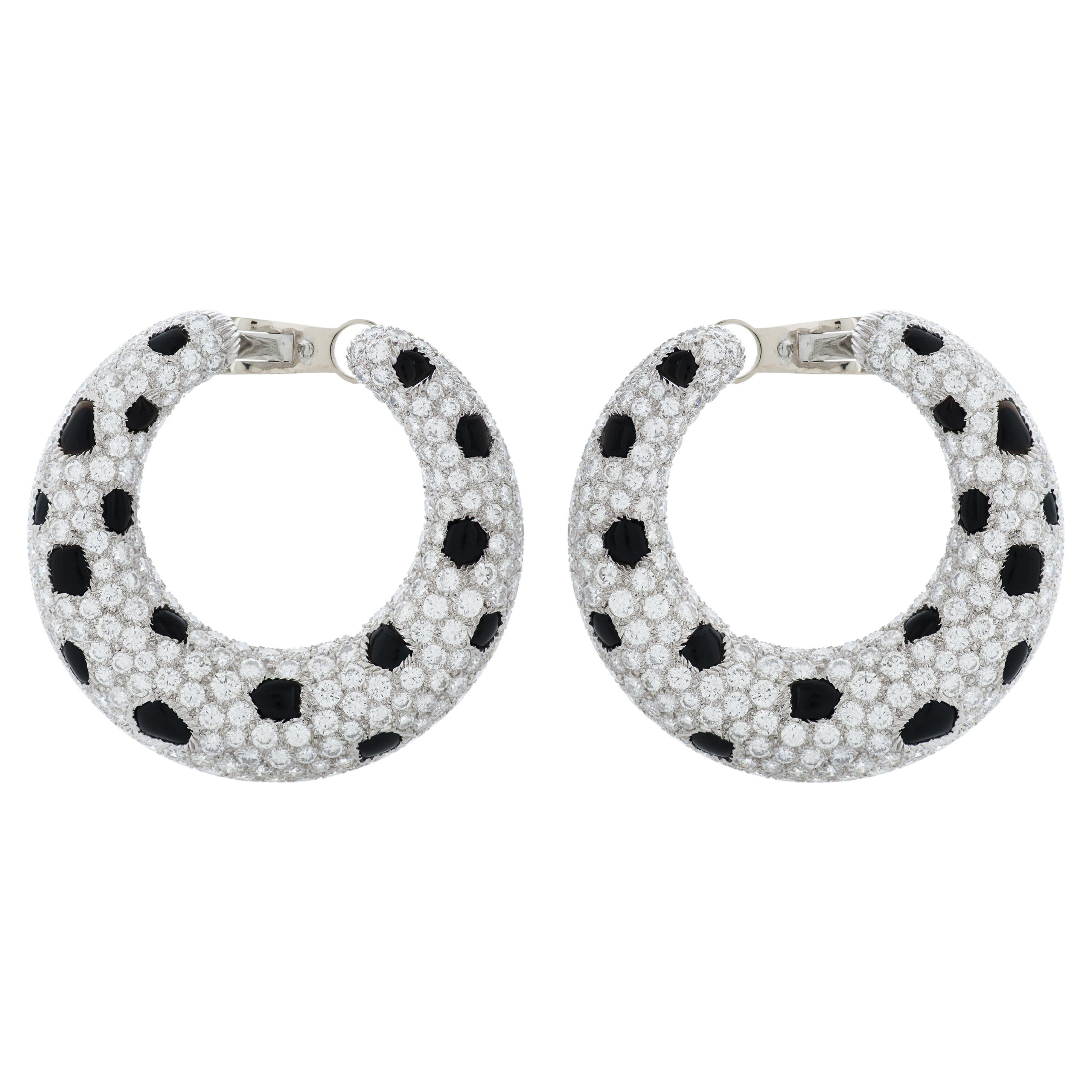 Vintage Cartier Panthere Diamond and Onyx Hoop Earrings in 18k White Gold