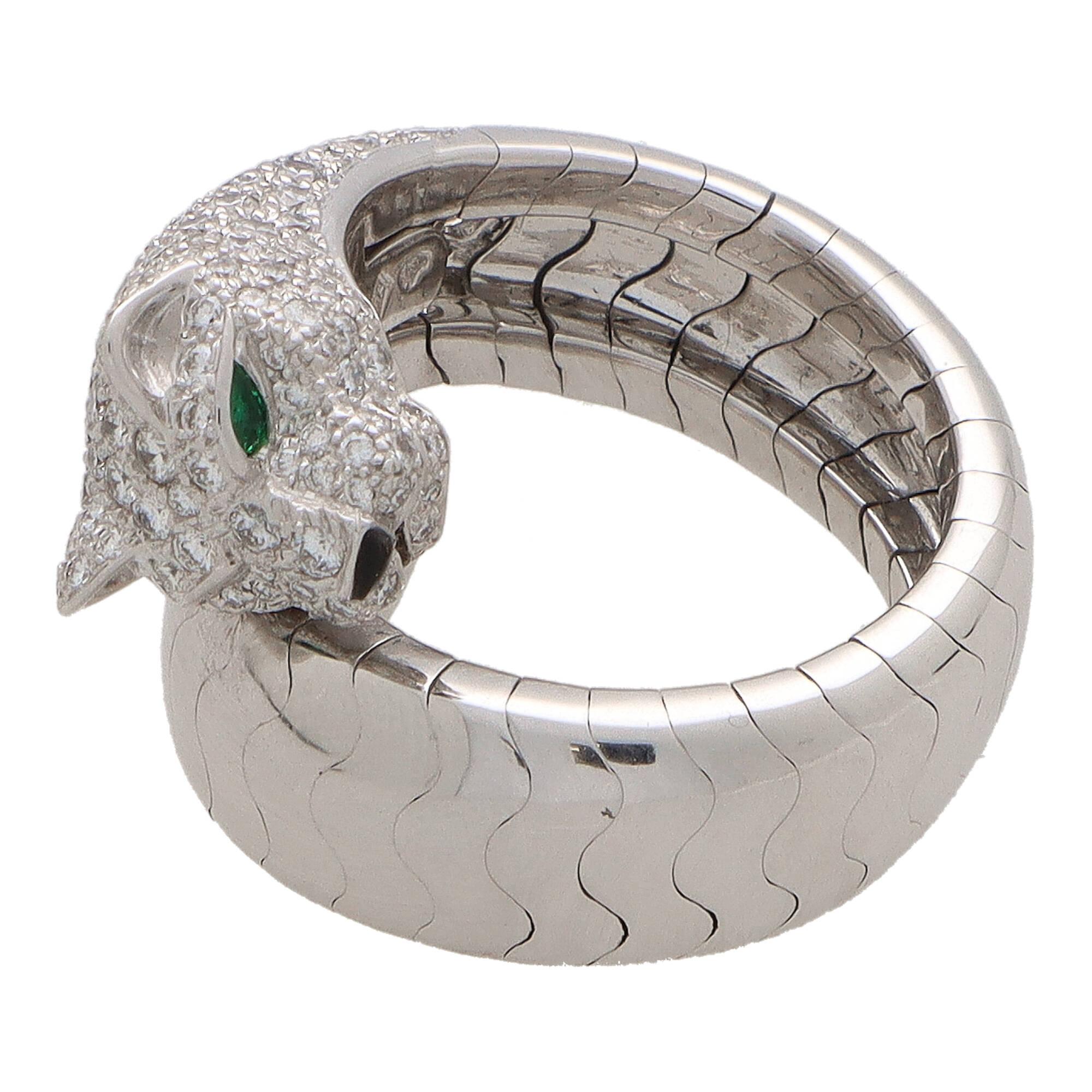 Round Cut Vintage Cartier Panthere Lakarda Diamond and Emerald Panther Ring in White Gold For Sale